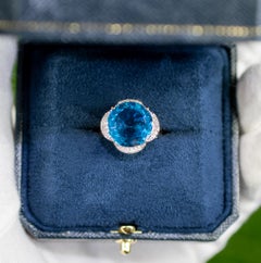 Swiss Blue Topaz Statement Ring Diamond Halo 12.7 Carats 14K Yellow Gold