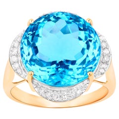 Swiss Blue Topaz Statement Ring Diamond Halo 12.7 Carats 14K Yellow Gold