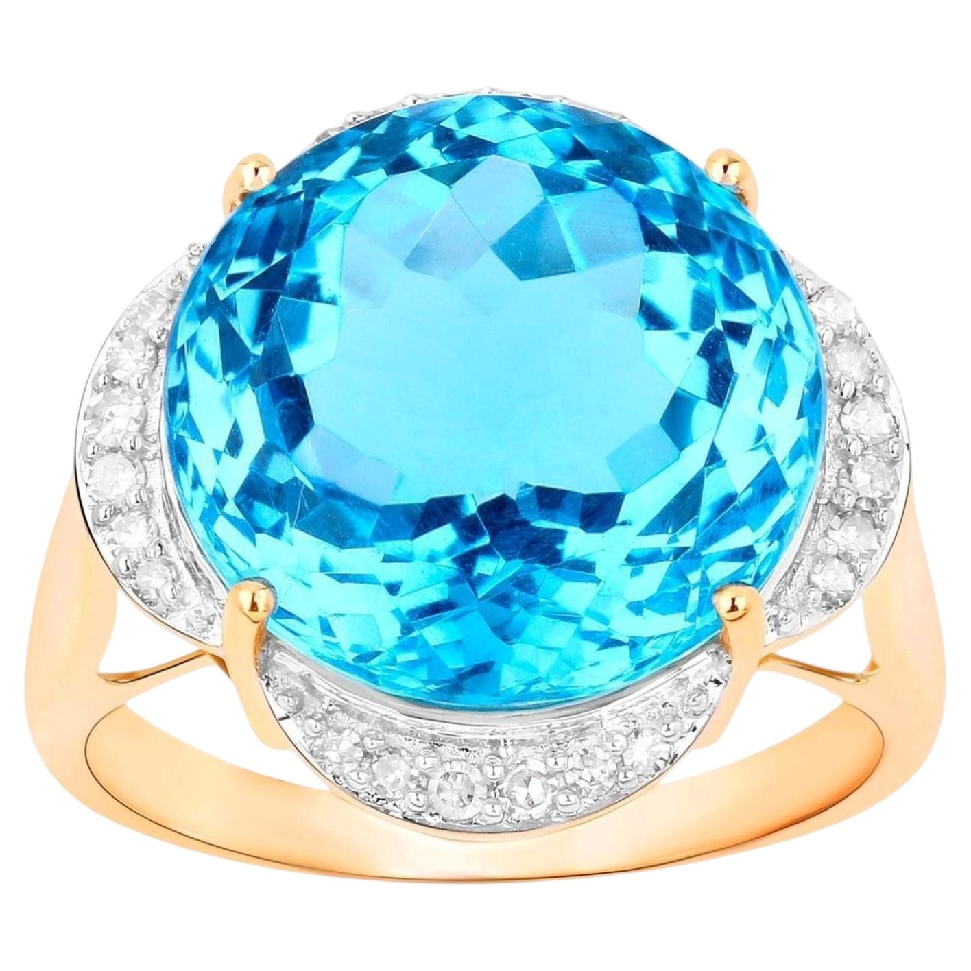Anello con dichiarazione di Topazio Blu Svizzero Diamante aureolato 12,7 Carati Oro Giallo 14K