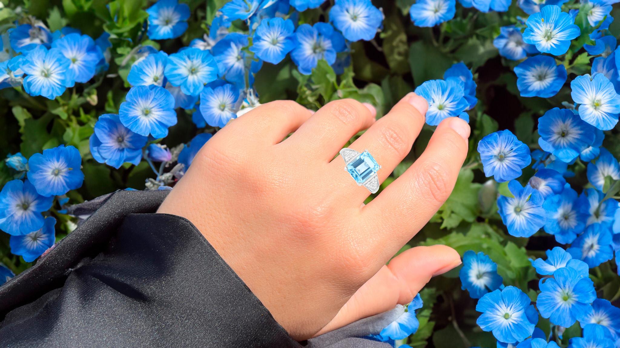 Emerald Cut Swiss Blue Topaz Statement Ring White Topaz Setting  Carats For Sale
