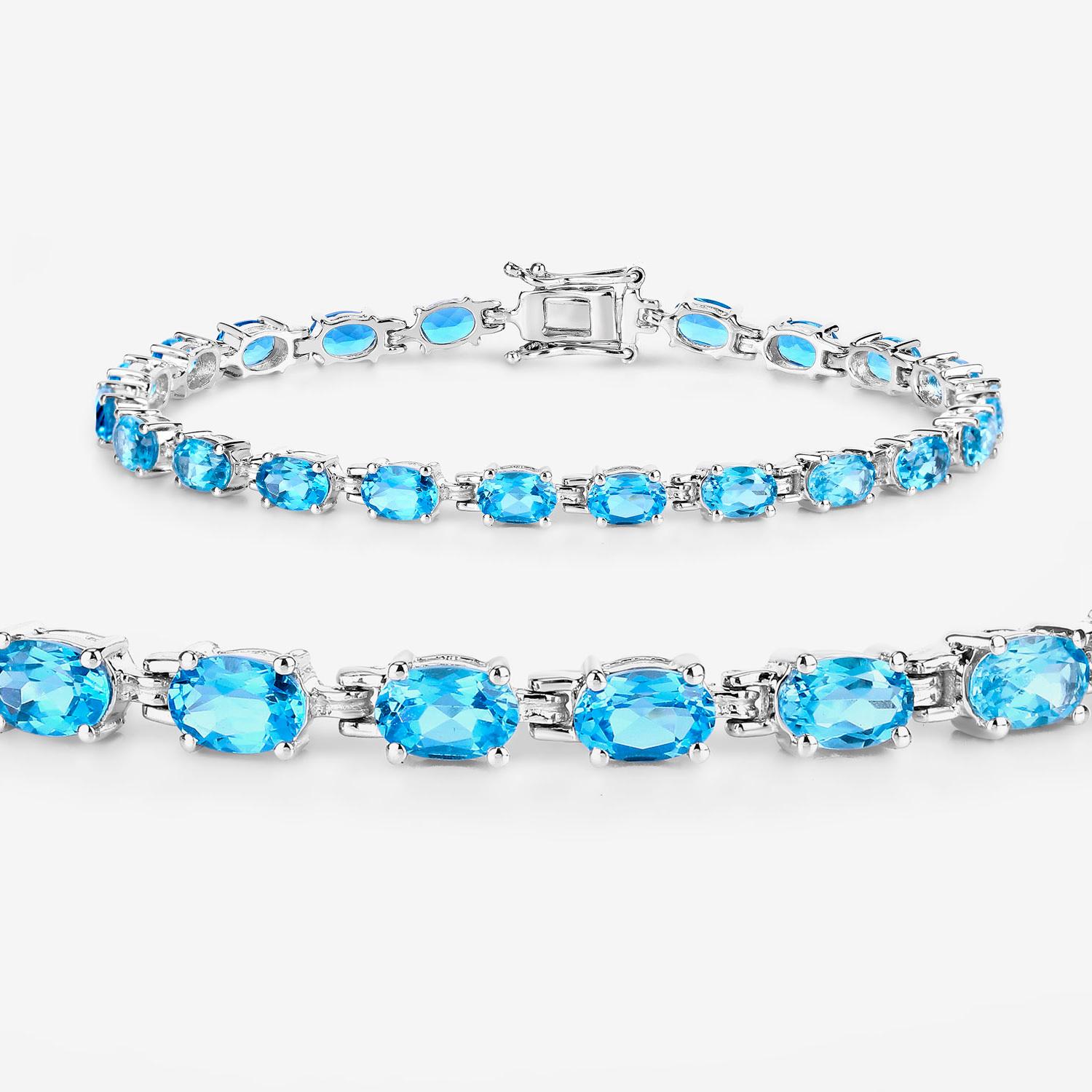 Contemporary Swiss Blue Topaz Tennis Bracelet 10.7 Carats Sterling Silver For Sale