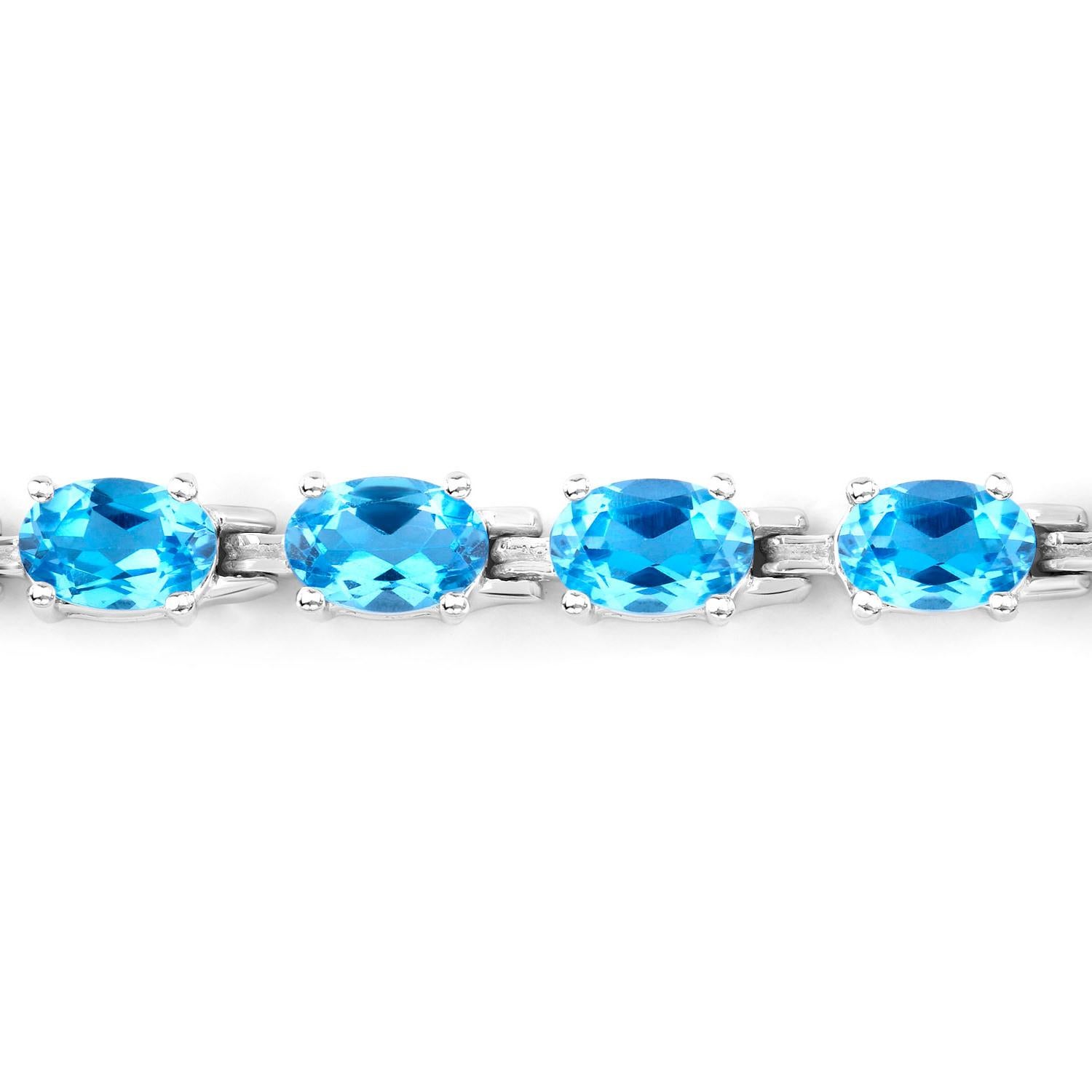 Oval Cut Swiss Blue Topaz Tennis Bracelet 10.7 Carats Sterling Silver For Sale
