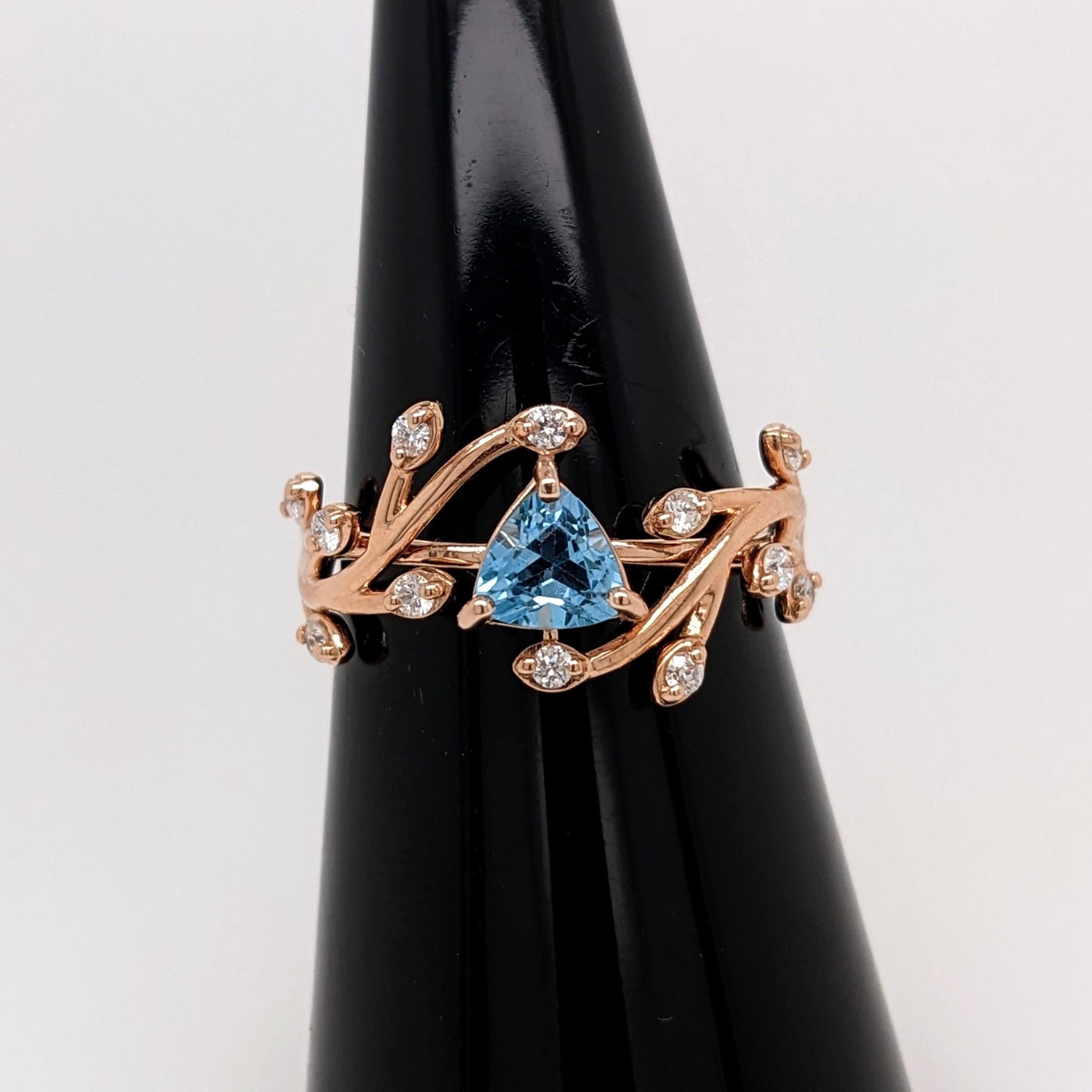 Art Deco Swiss Blue Topaz Vine Ring w Earth Mined Diamonds in Solid 14k Gold Trillion 5mm