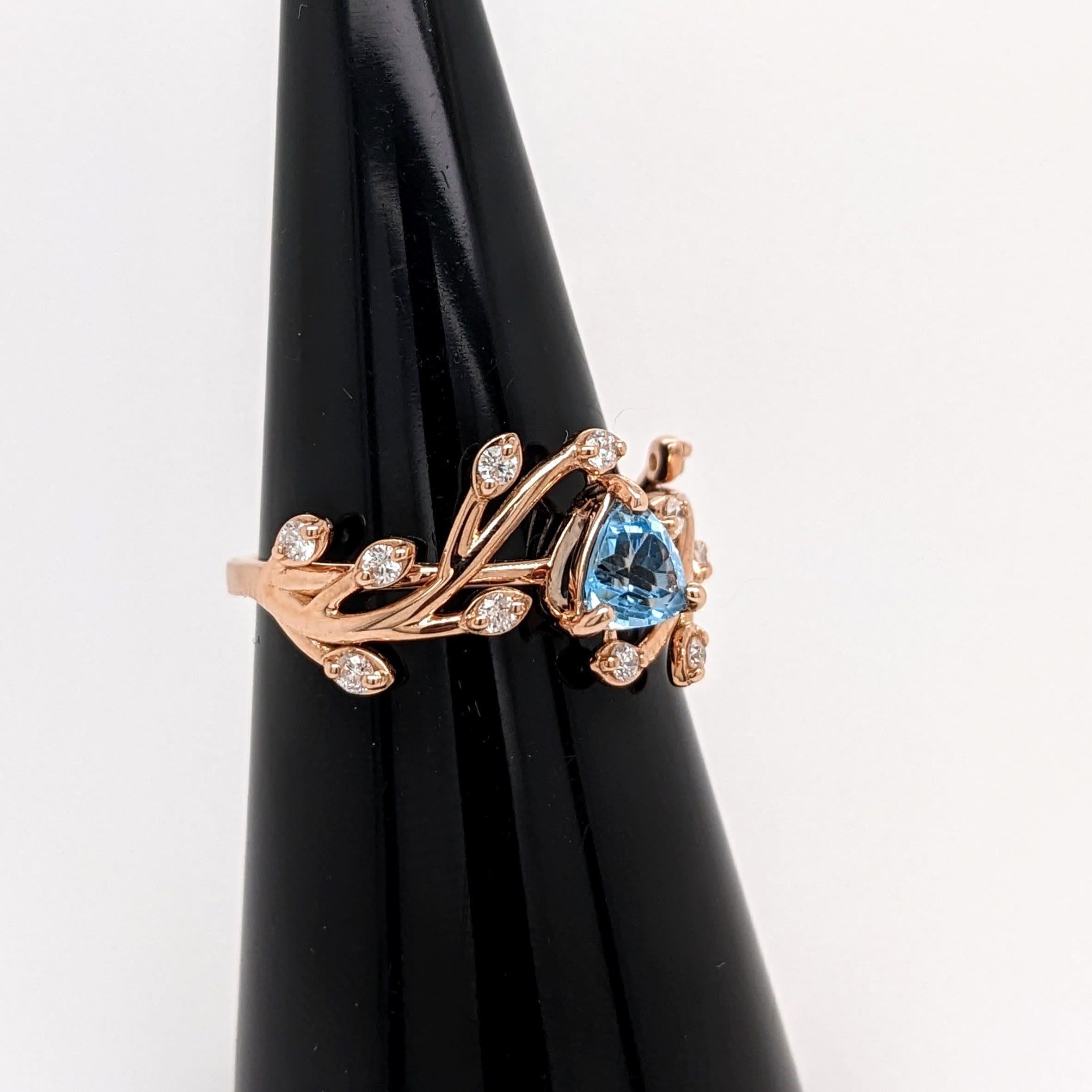 Trillion Cut Swiss Blue Topaz Vine Ring w Earth Mined Diamonds in Solid 14k Gold Trillion 5mm
