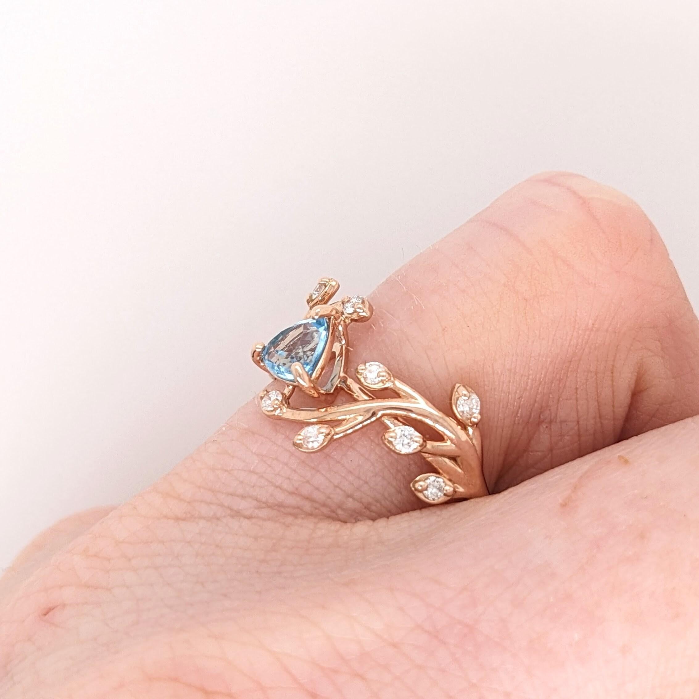 Women's Swiss Blue Topaz Vine Ring w Earth Mined Diamonds in Solid 14k Gold Trillion 5mm
