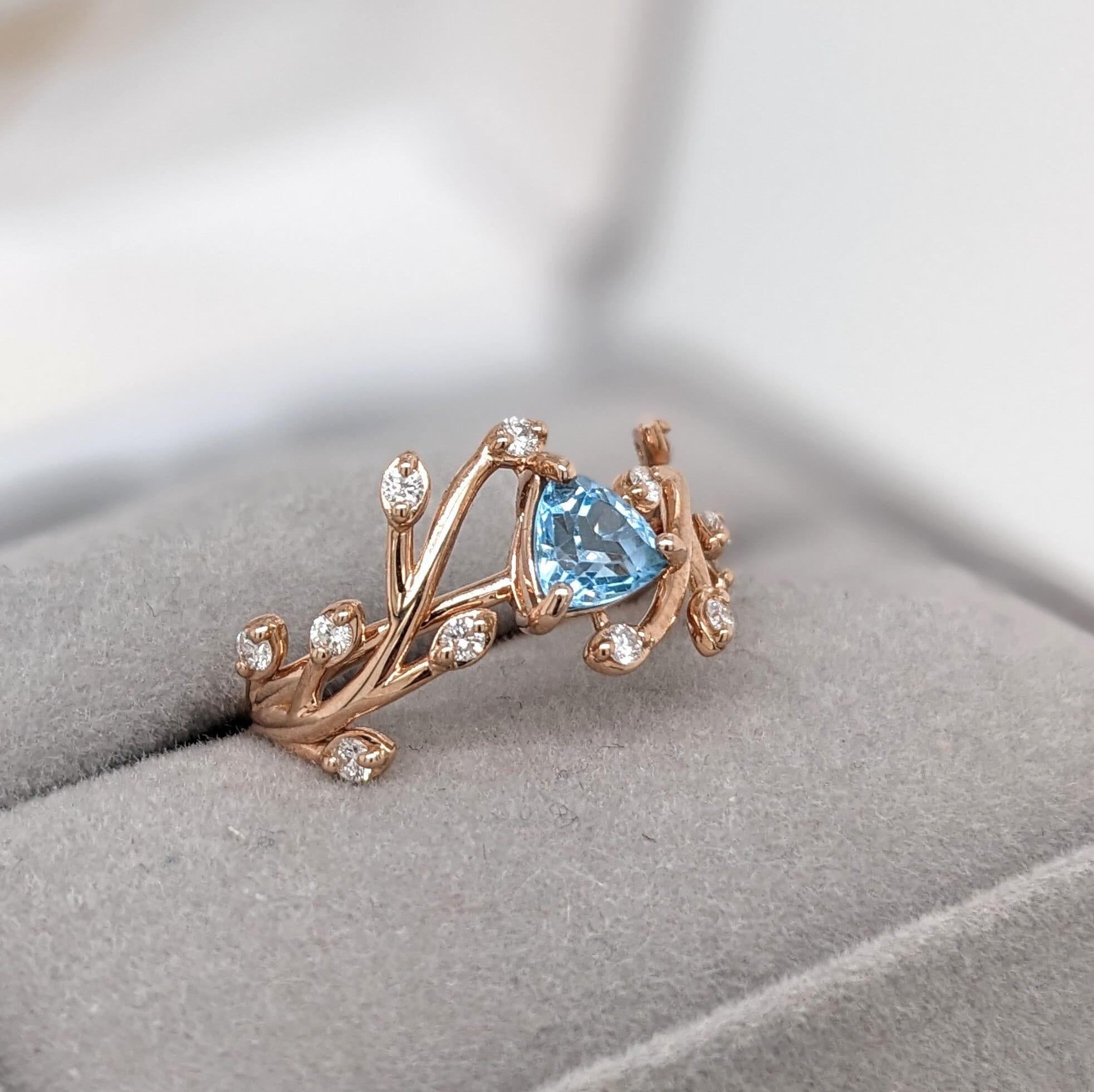 Swiss Blue Topaz Vine Ring w Earth Mined Diamonds in Solid 14k Gold Trillion 5mm 1