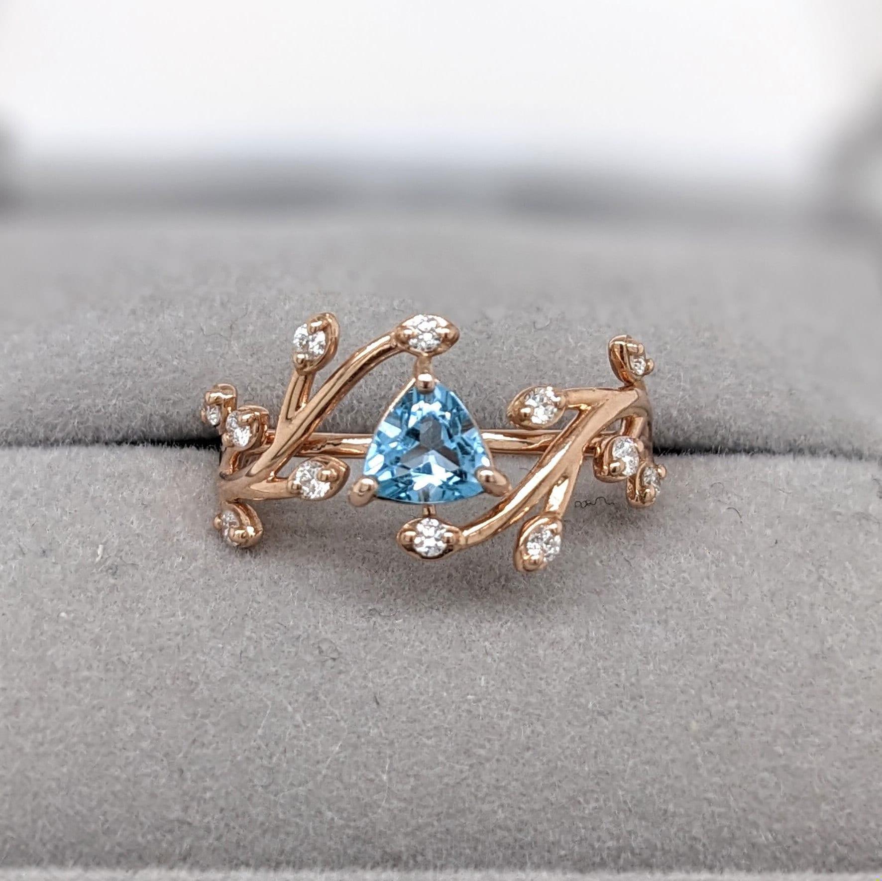 Swiss Blue Topaz Vine Ring w Earth Mined Diamonds in Solid 14k Gold Trillion 5mm 2