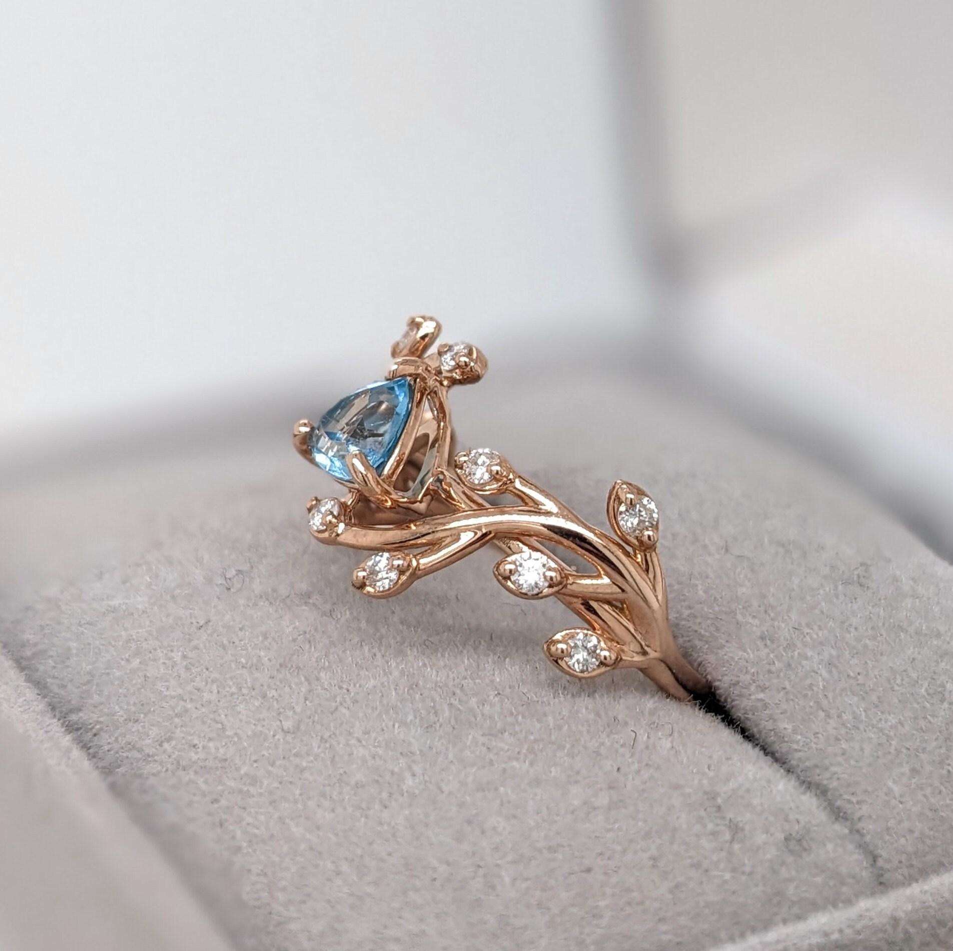Swiss Blue Topaz Vine Ring w Earth Mined Diamonds in Solid 14k Gold Trillion 5mm 3