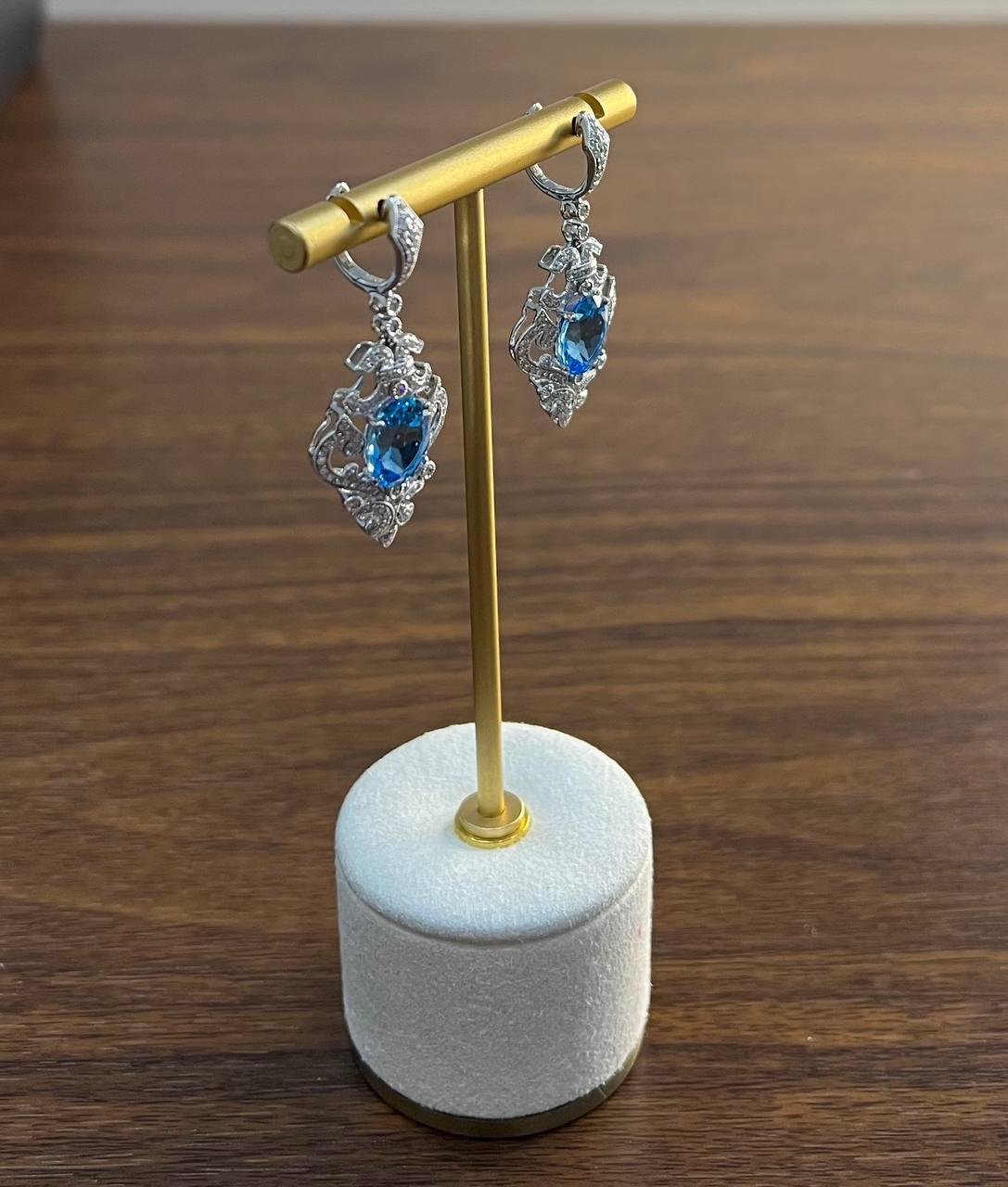 Swiss Blue Topaz White Diamonds 14K White Gold Statement Scroll Earrings For Sale 4