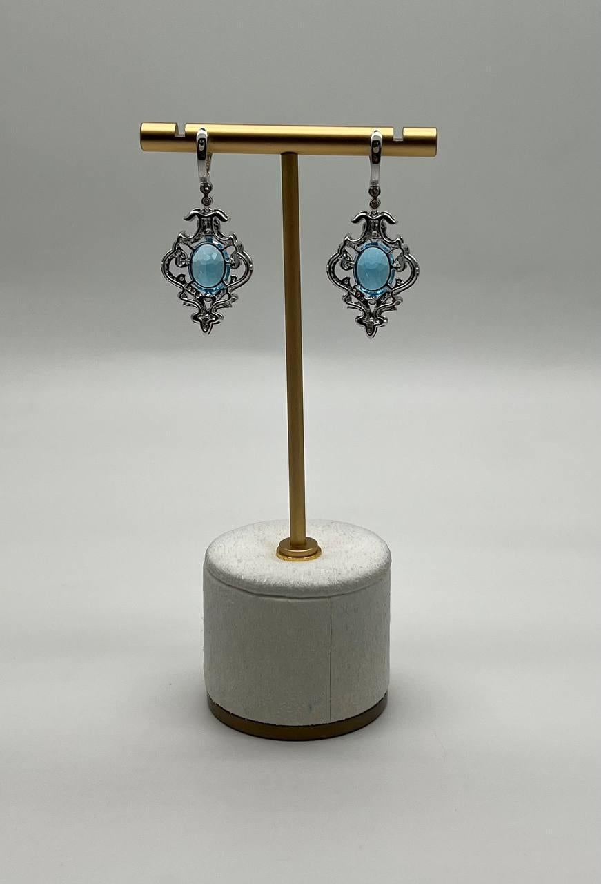 Mixed Cut Swiss Blue Topaz White Diamonds 14K White Gold Statement Scroll Earrings For Sale