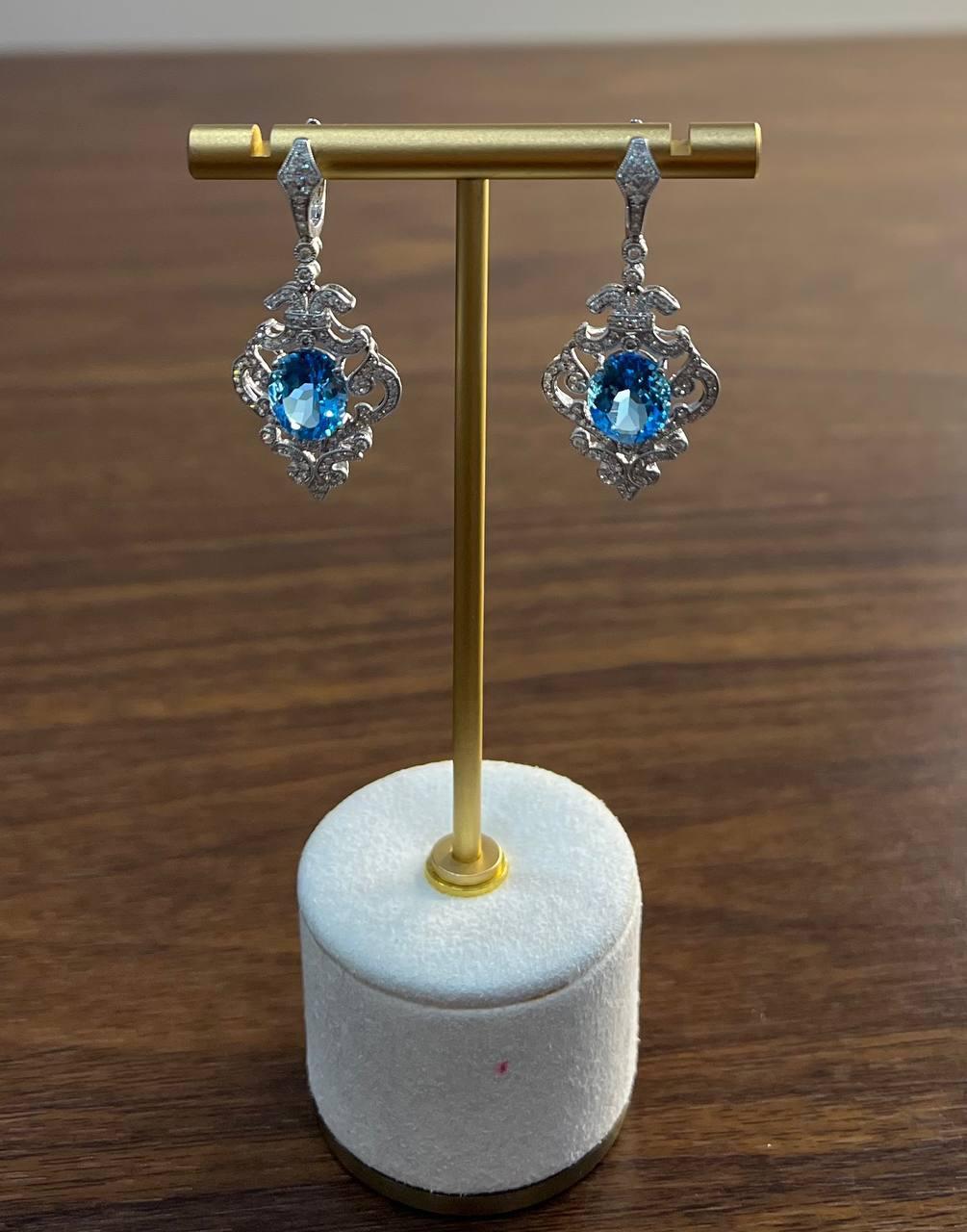 Swiss Blue Topaz White Diamonds 14K White Gold Statement Scroll Earrings In New Condition For Sale In Oakton, VA