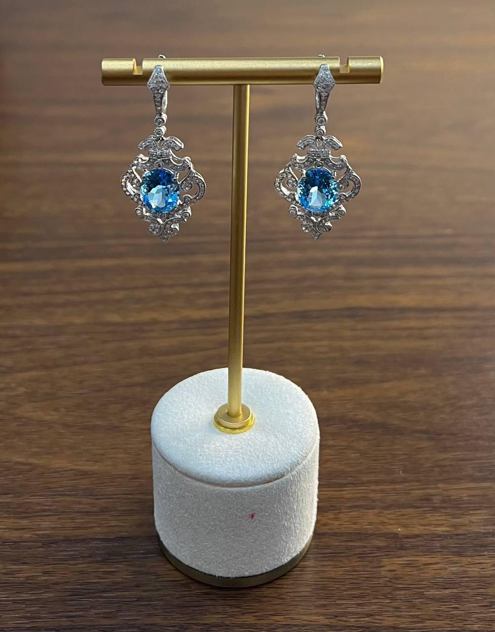 Women's Swiss Blue Topaz White Diamonds 14K White Gold Statement Scroll Earrings For Sale
