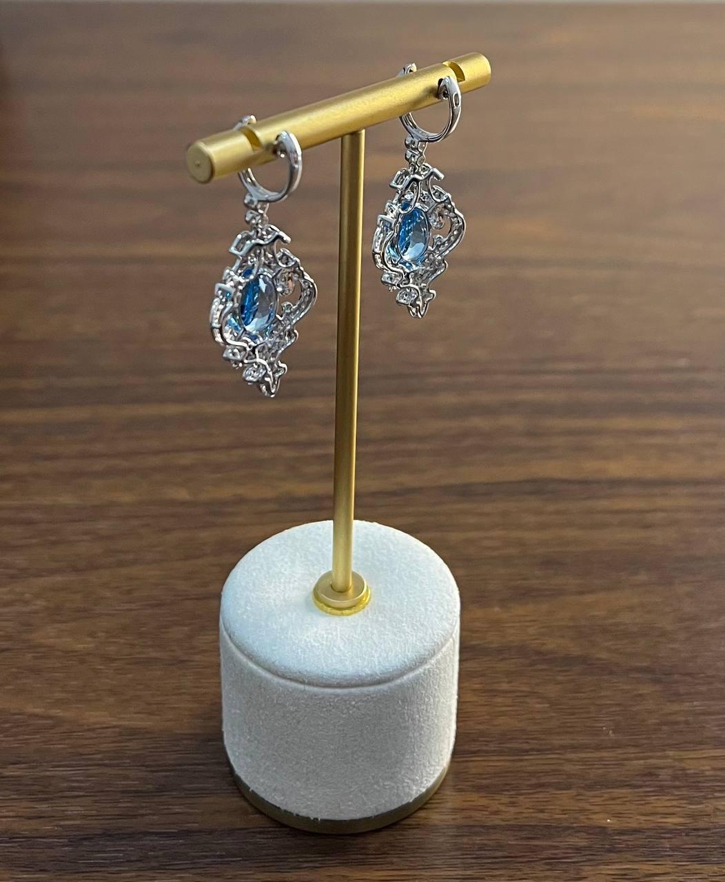 Swiss Blue Topaz White Diamonds 14K White Gold Statement Scroll Earrings For Sale 1
