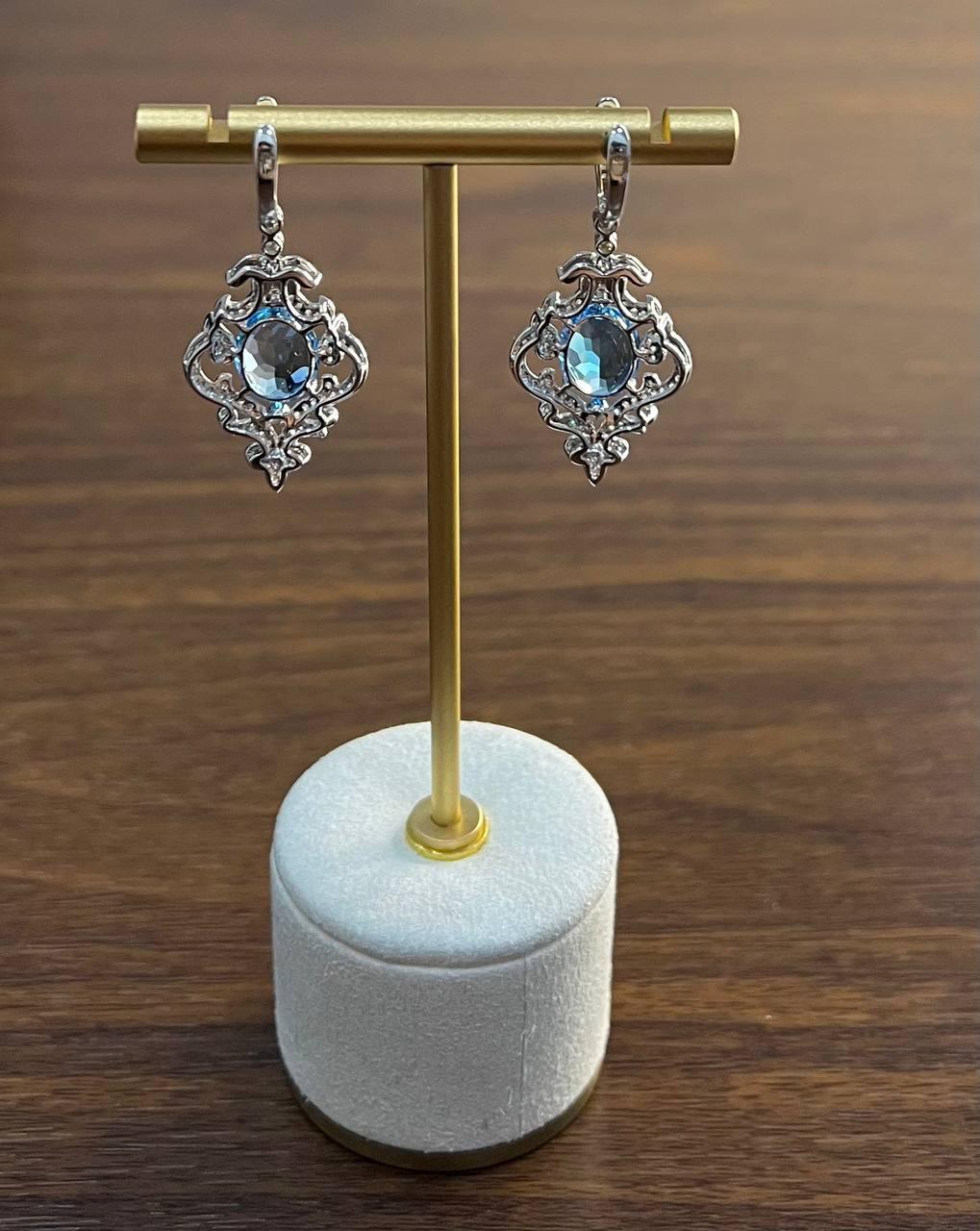 Swiss Blue Topaz White Diamonds 14K White Gold Statement Scroll Earrings For Sale 2