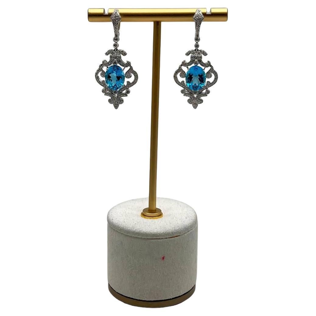 Swiss Blue Topaz White Diamonds 14K White Gold Statement Scroll Earrings
