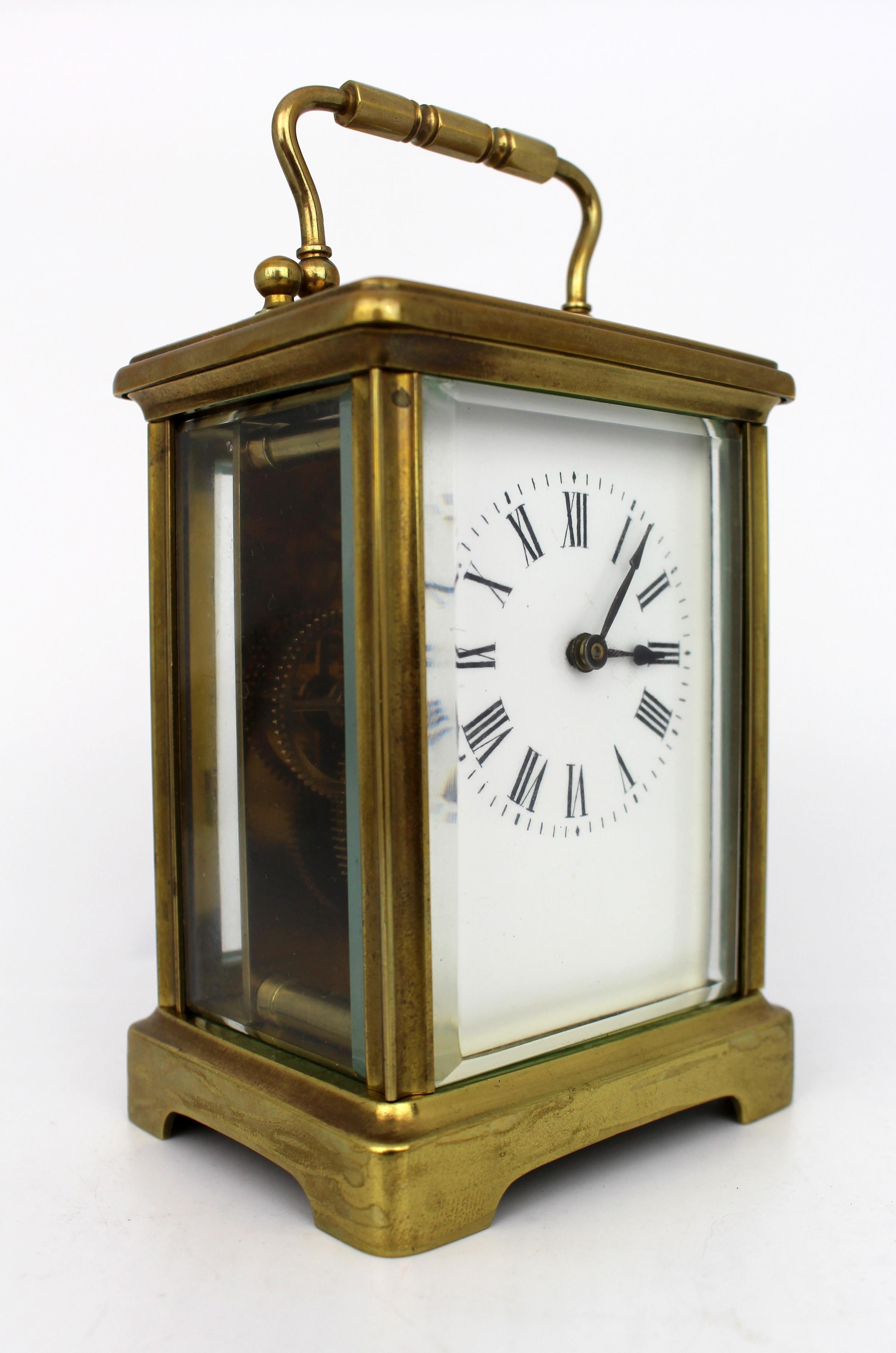 European Swiss Brass Carriage Clock with Original Travel Case, circa 1910 For Sale