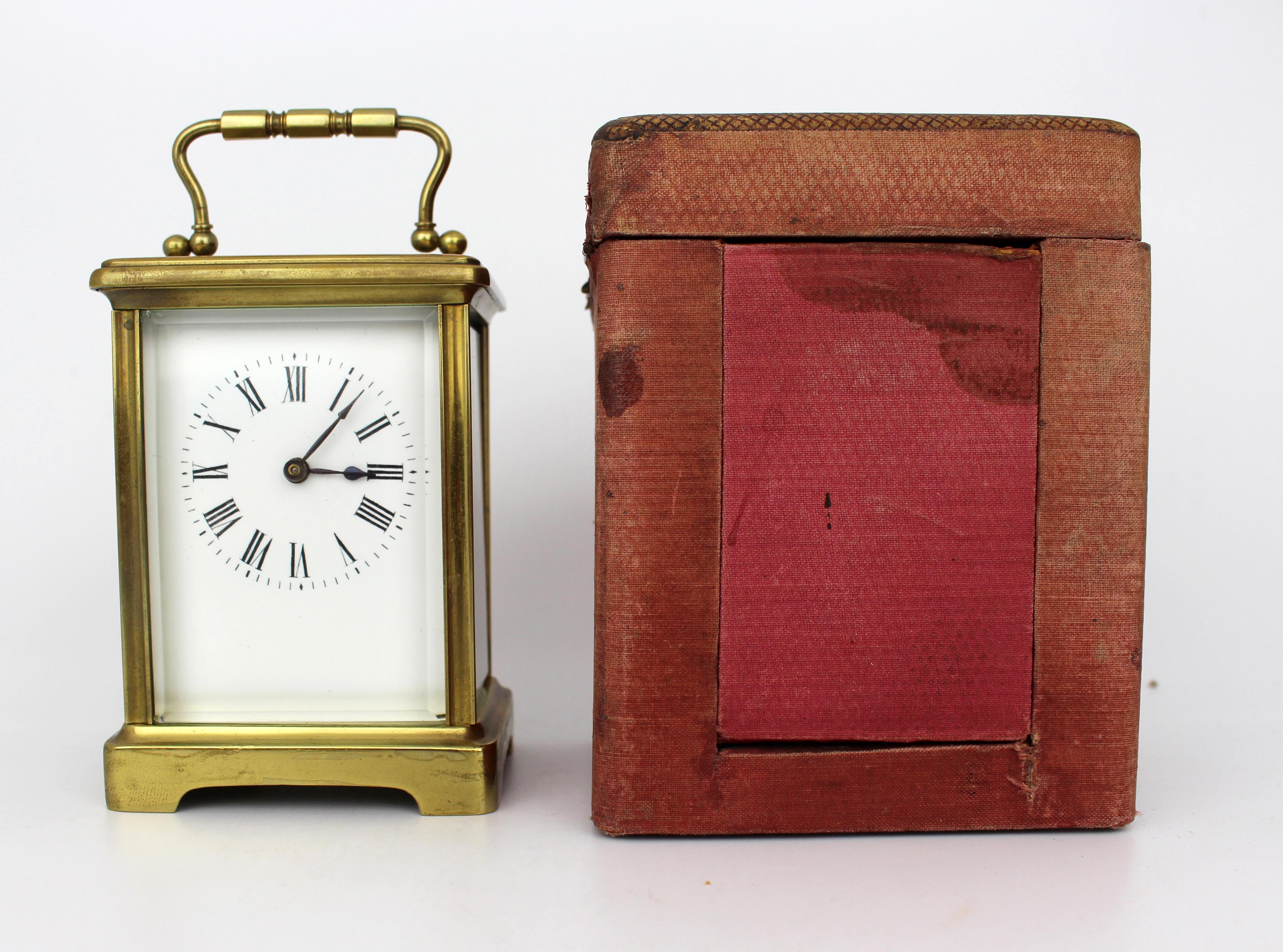 Swiss Brass Carriage Clock with Original Travel Case, circa 1910 For Sale 3