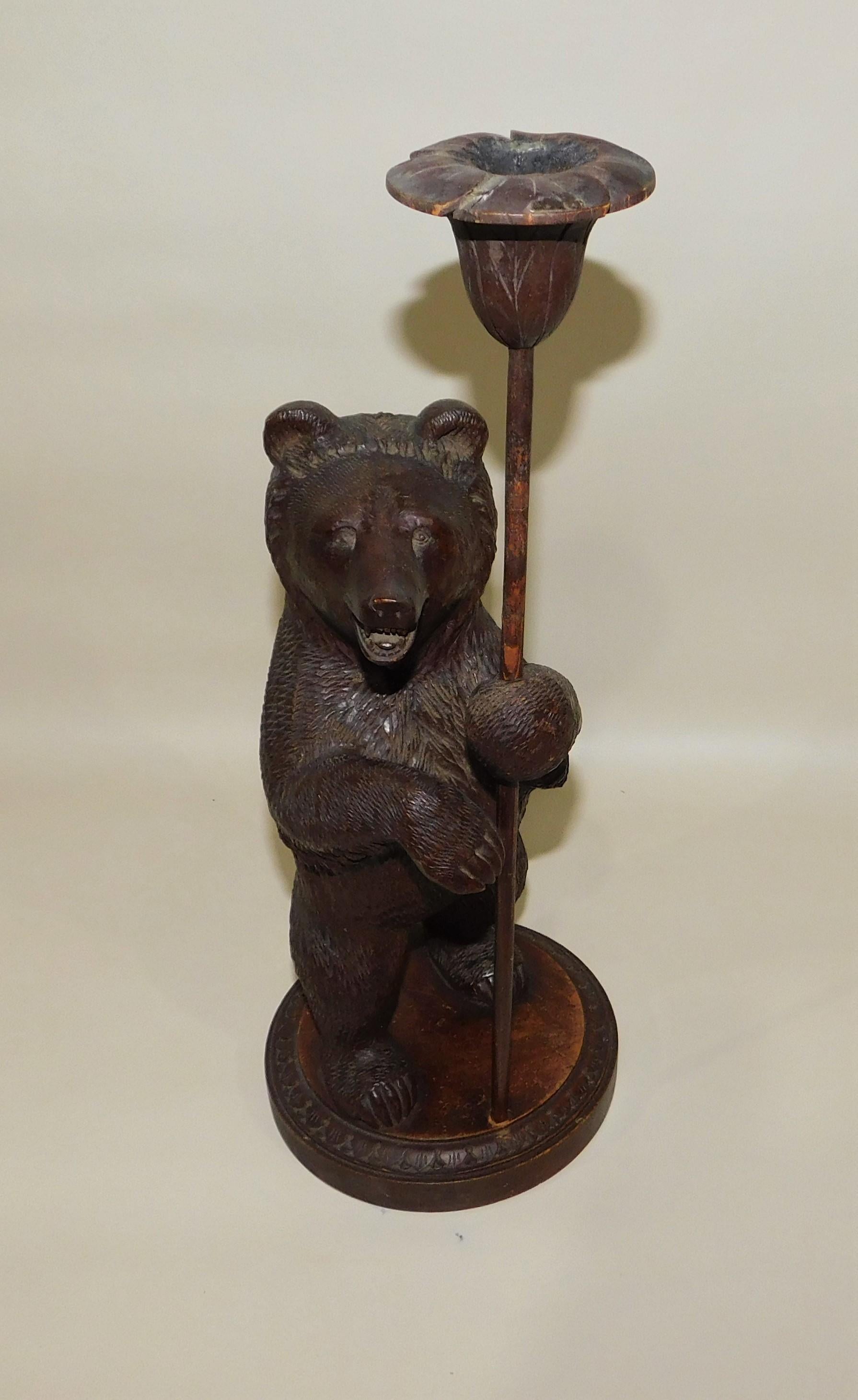 Swiss Brienz Black Forest Hand-Carved Wood Candle Holder In Good Condition For Sale In Hamilton, Ontario