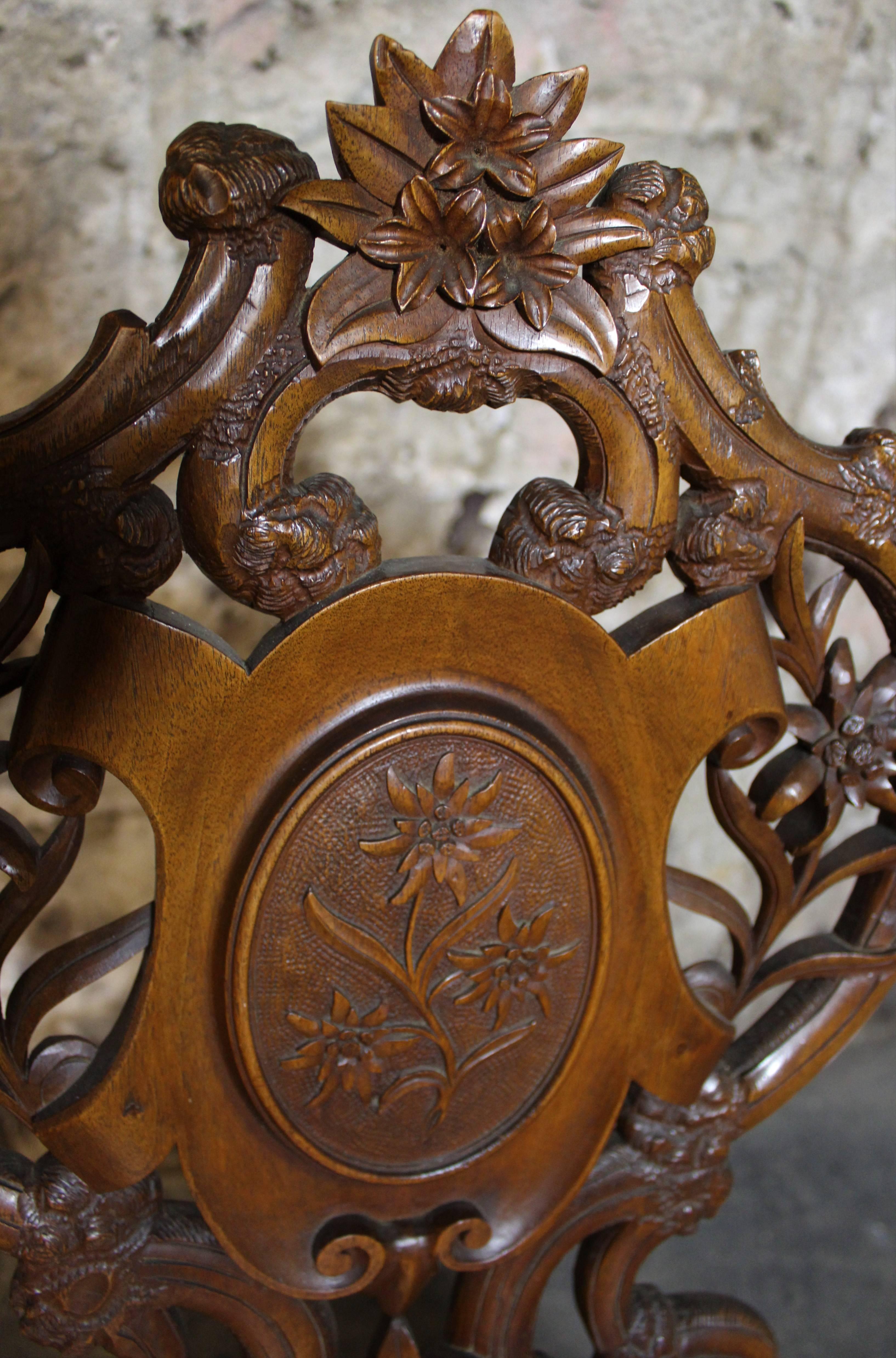 Swiss Brienz Carved and Marquetry Walnut Musical Chair 5