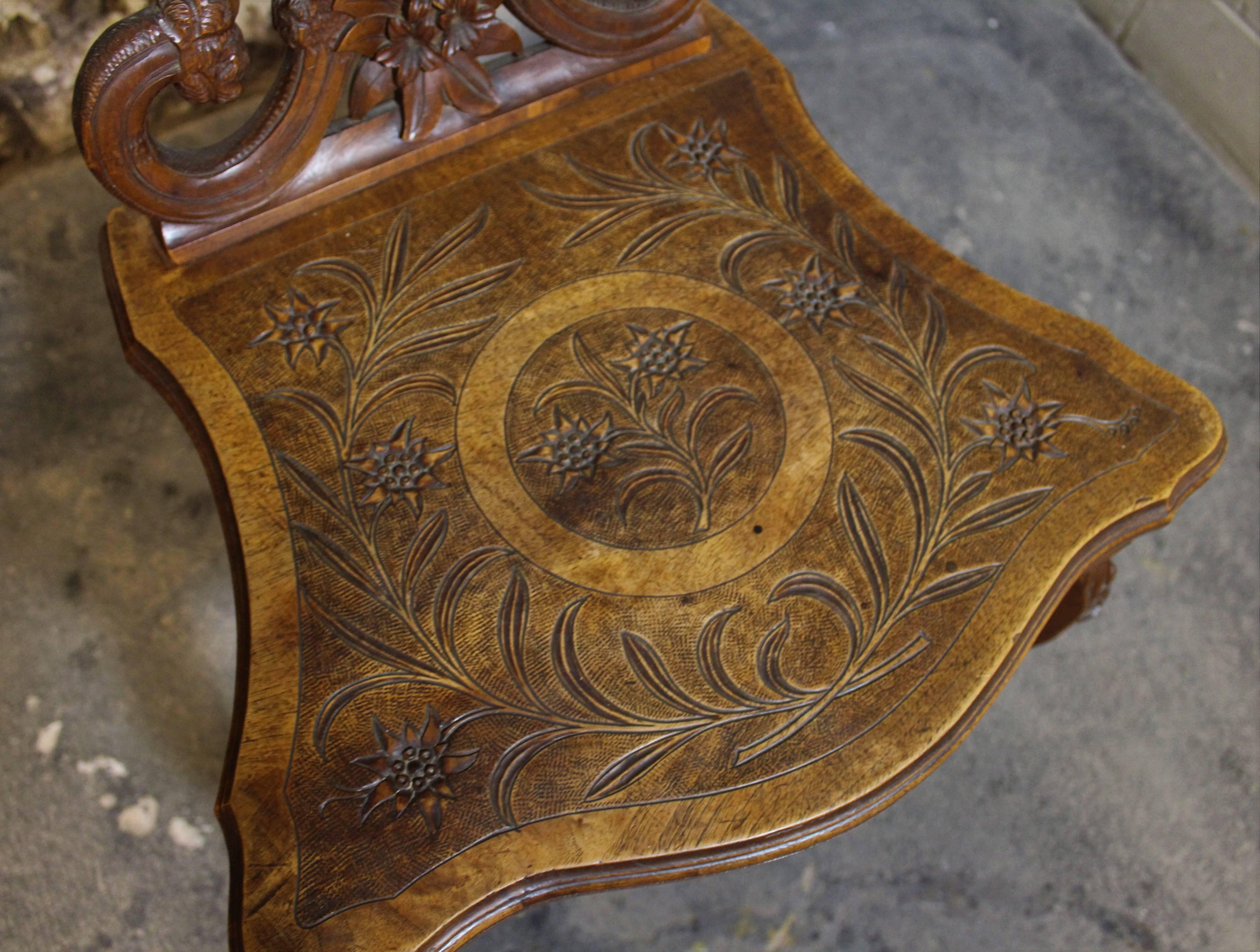 19th Century Swiss Brienz Carved and Marquetry Walnut Musical Chair