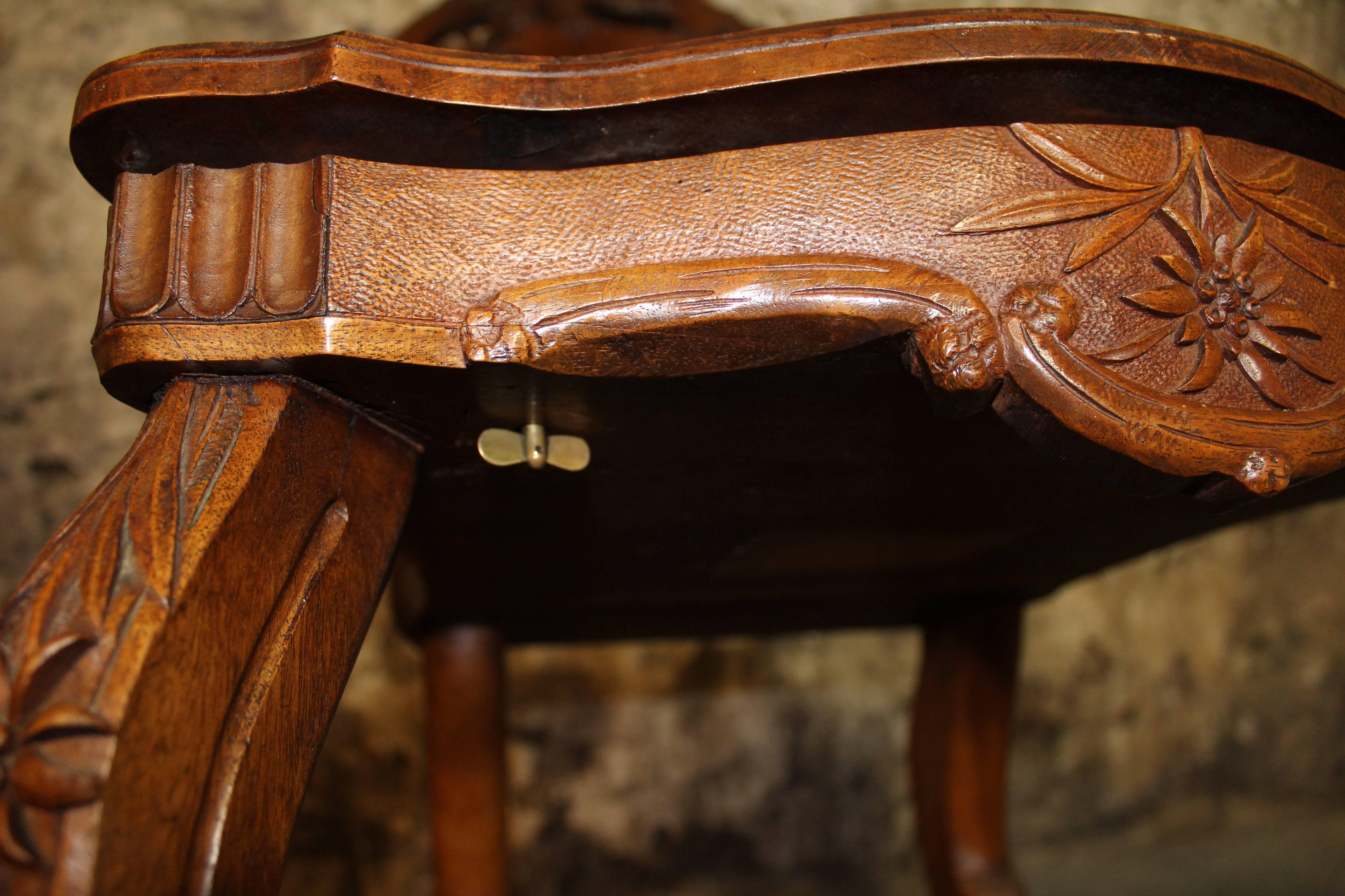 Swiss Brienz Carved and Marquetry Walnut Musical Chair 1