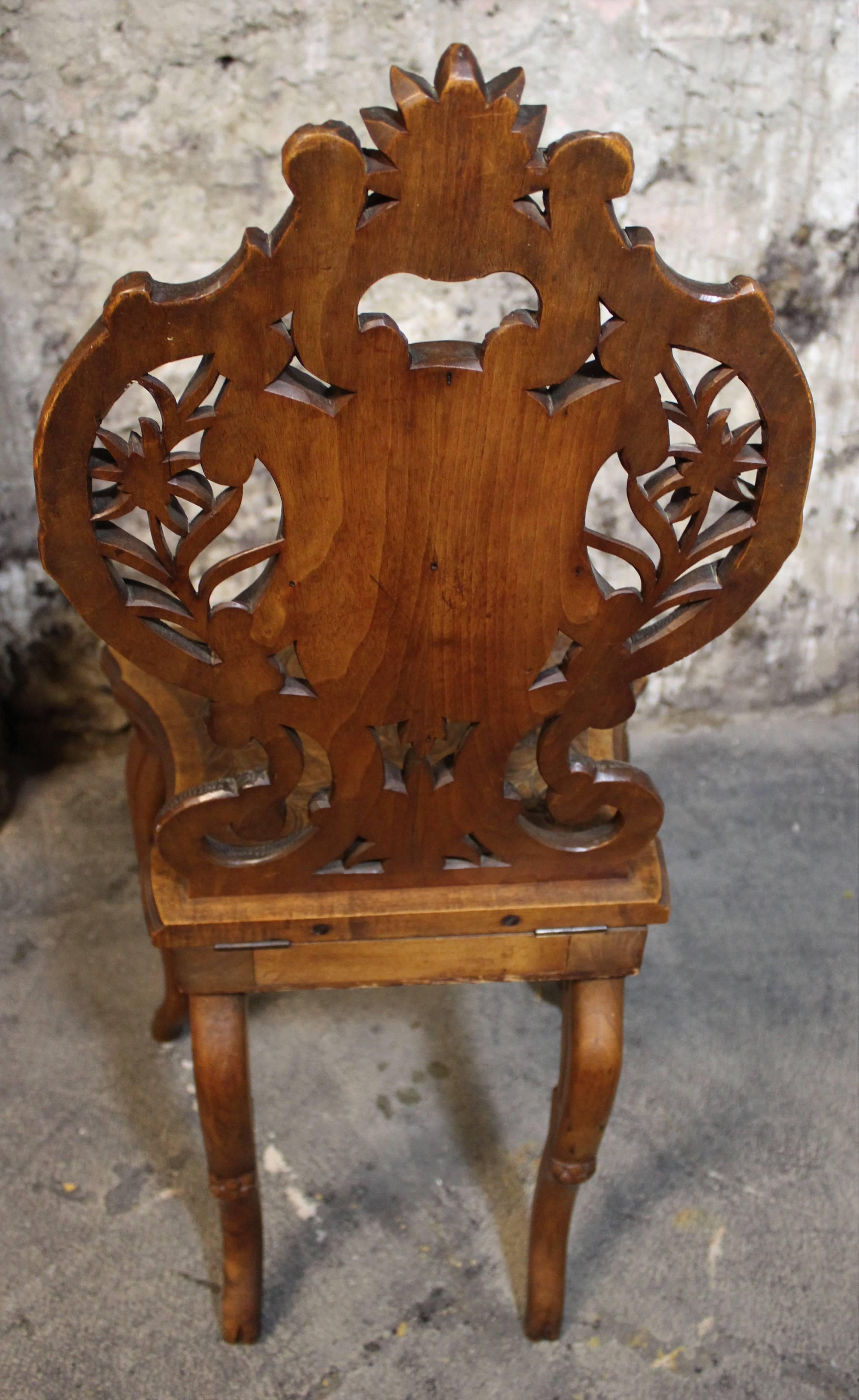 Swiss Brienz Carved and Marquetry Walnut Musical Chair 4