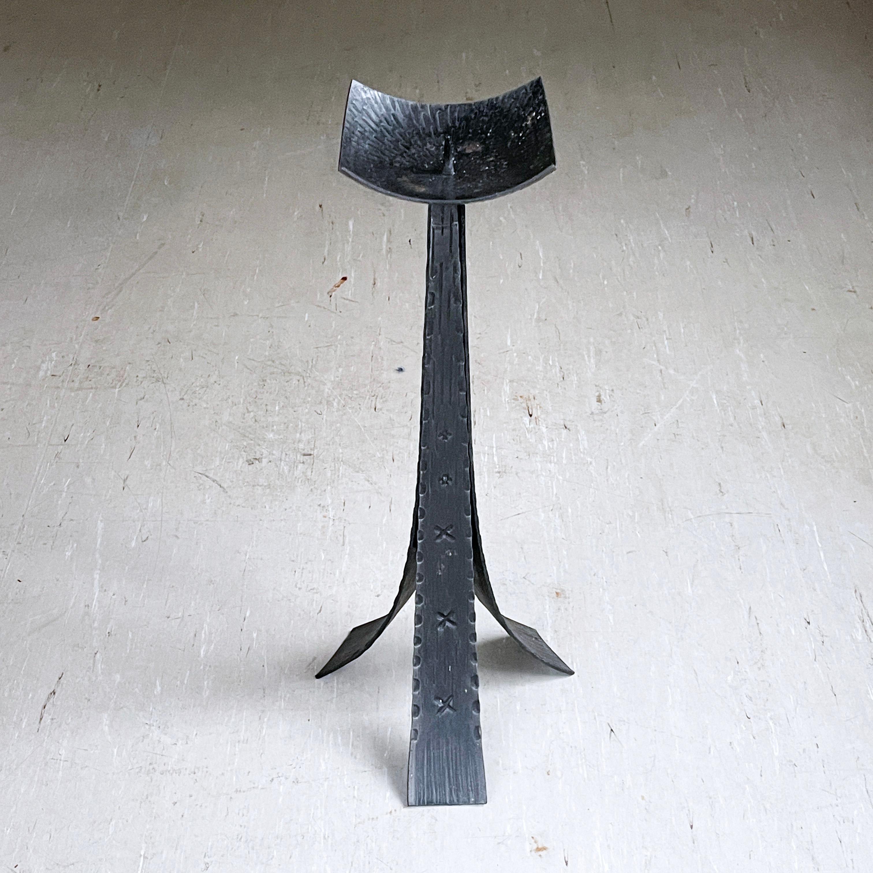 Forged Swiss Brutalist floor standing wrought iron Candle Holder For Sale