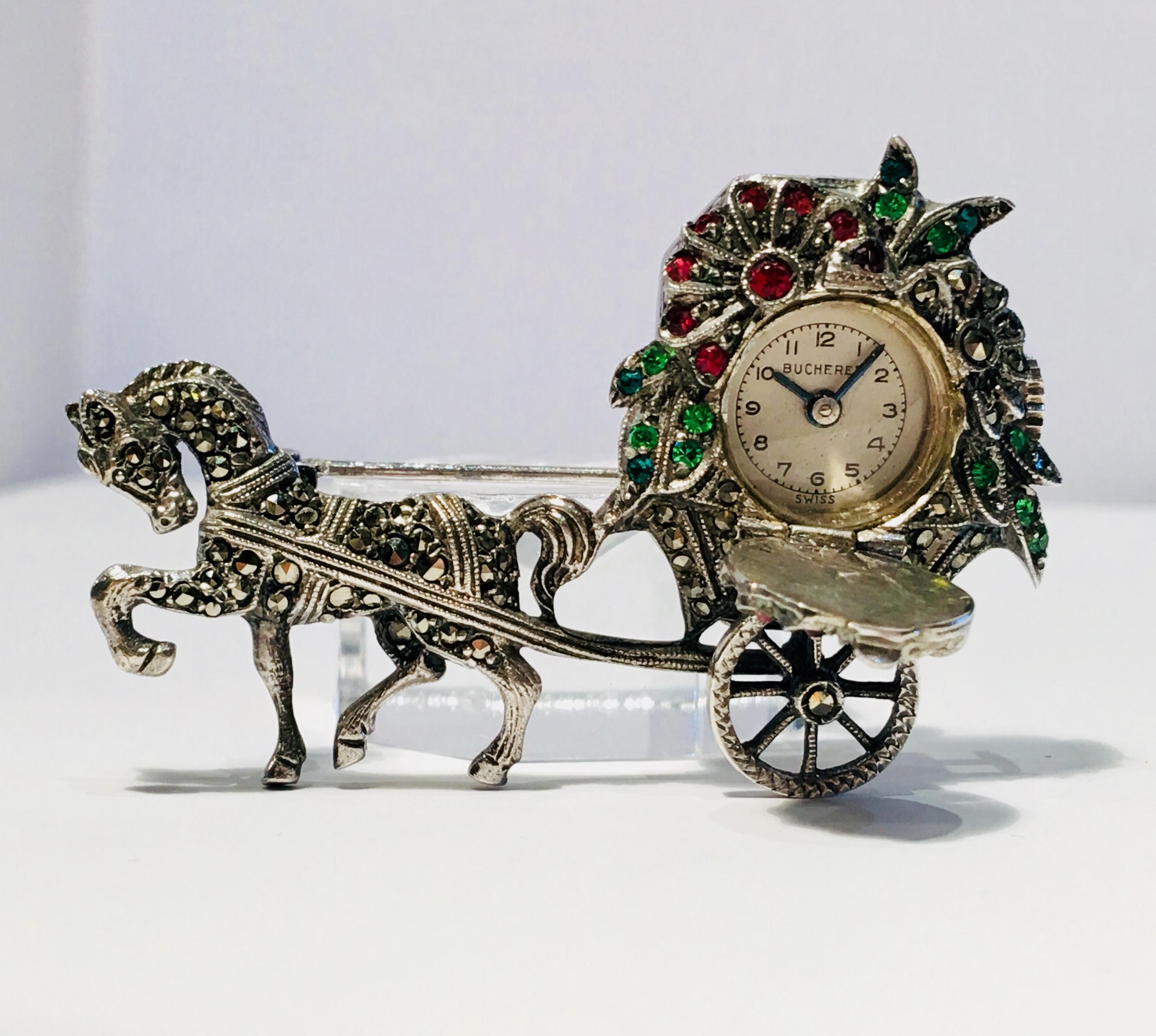 Victorien Swiss Bucherer Hidden Manual Lapel Pin Watch Silver Ruby Emerald Marcasite