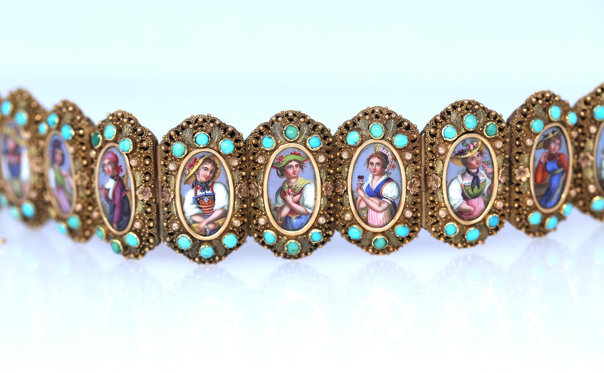  Locket Gold Bracelet Swiss Cantons Hand-Painted Ladies Turquoise, 1860 5