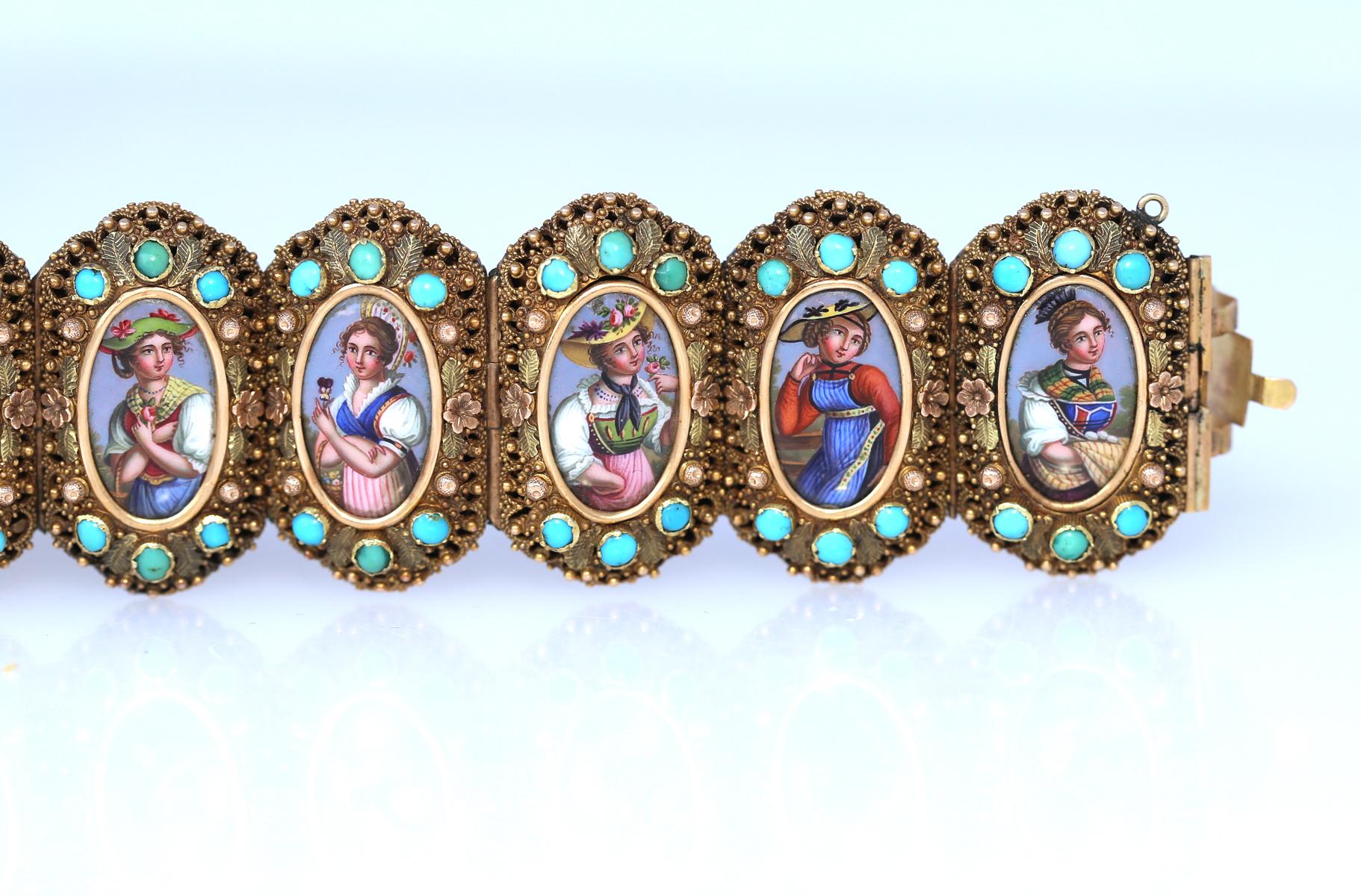  Locket Gold Bracelet Swiss Cantons Hand-Painted Ladies Turquoise, 1860 6