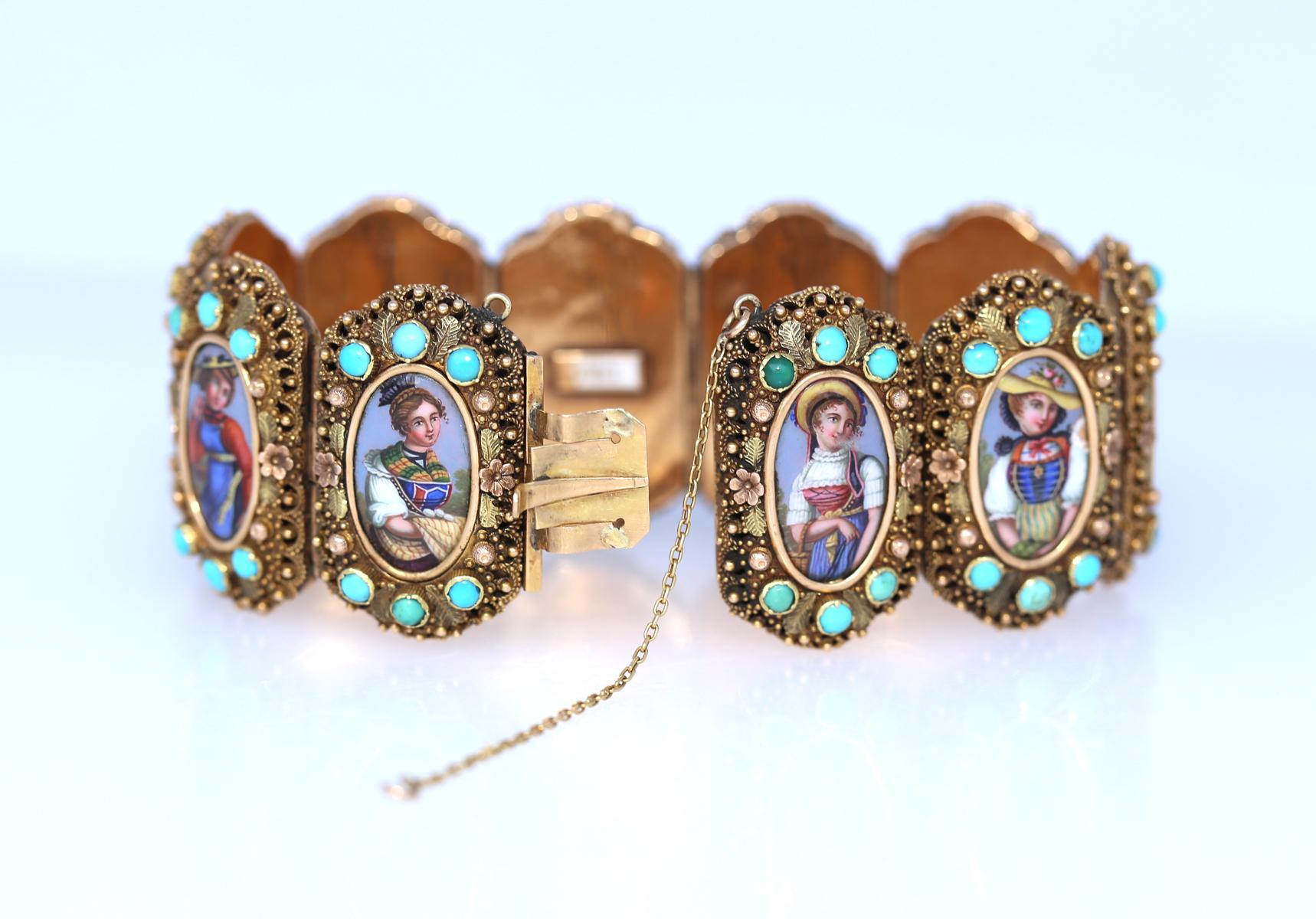  Locket Gold Bracelet Swiss Cantons Hand-Painted Ladies Turquoise, 1860 10