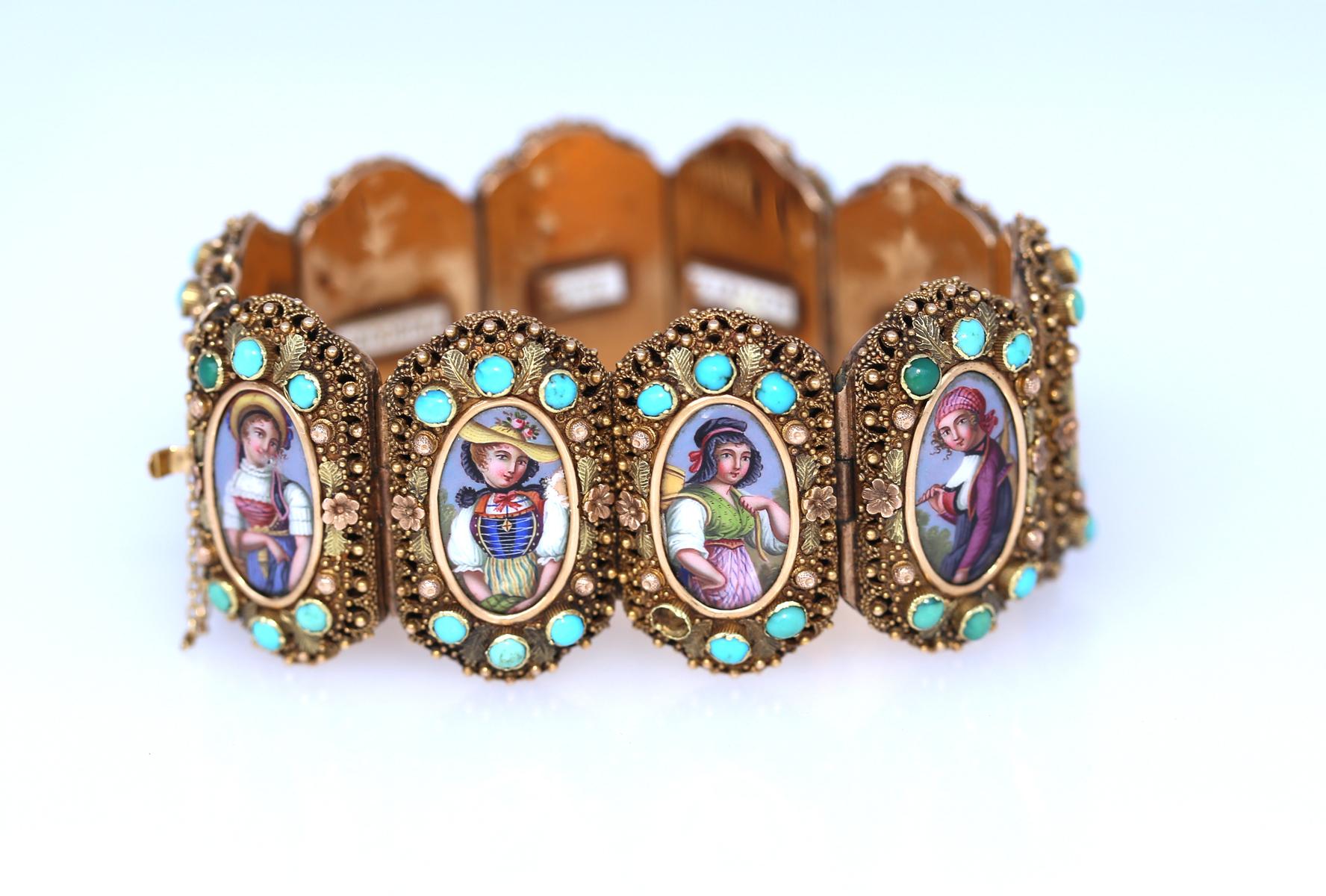 Swiss Cantons Turquoise Locket Gold Bracelet. Three-colour gold. Bracelet consists of oval hand-painted enamels depicting women in regional costumes of the Cantons of Switzerland. On the inner side of the bracelet, each of the pictures has the name