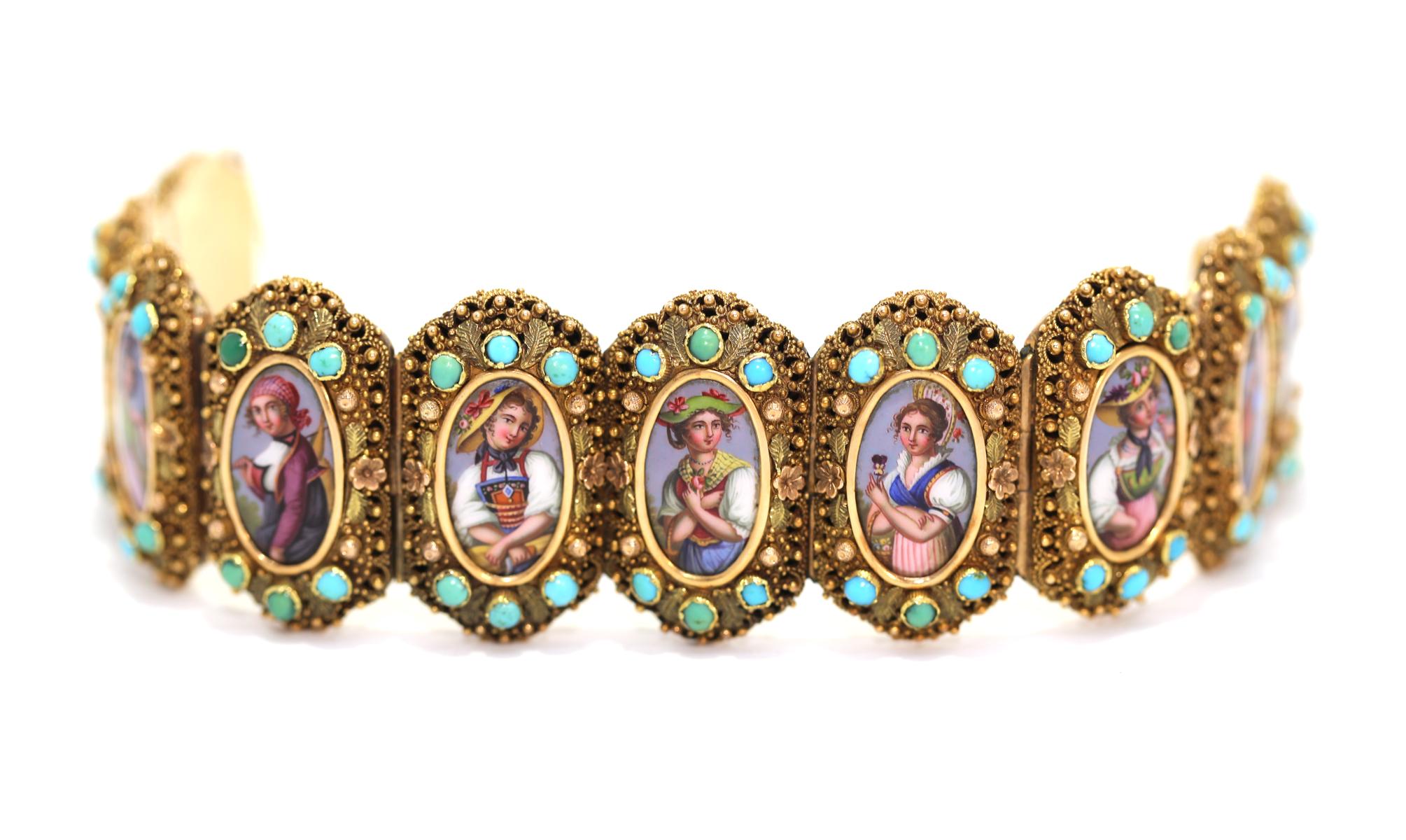 Bead  Locket Gold Bracelet Swiss Cantons Hand-Painted Ladies Turquoise, 1860