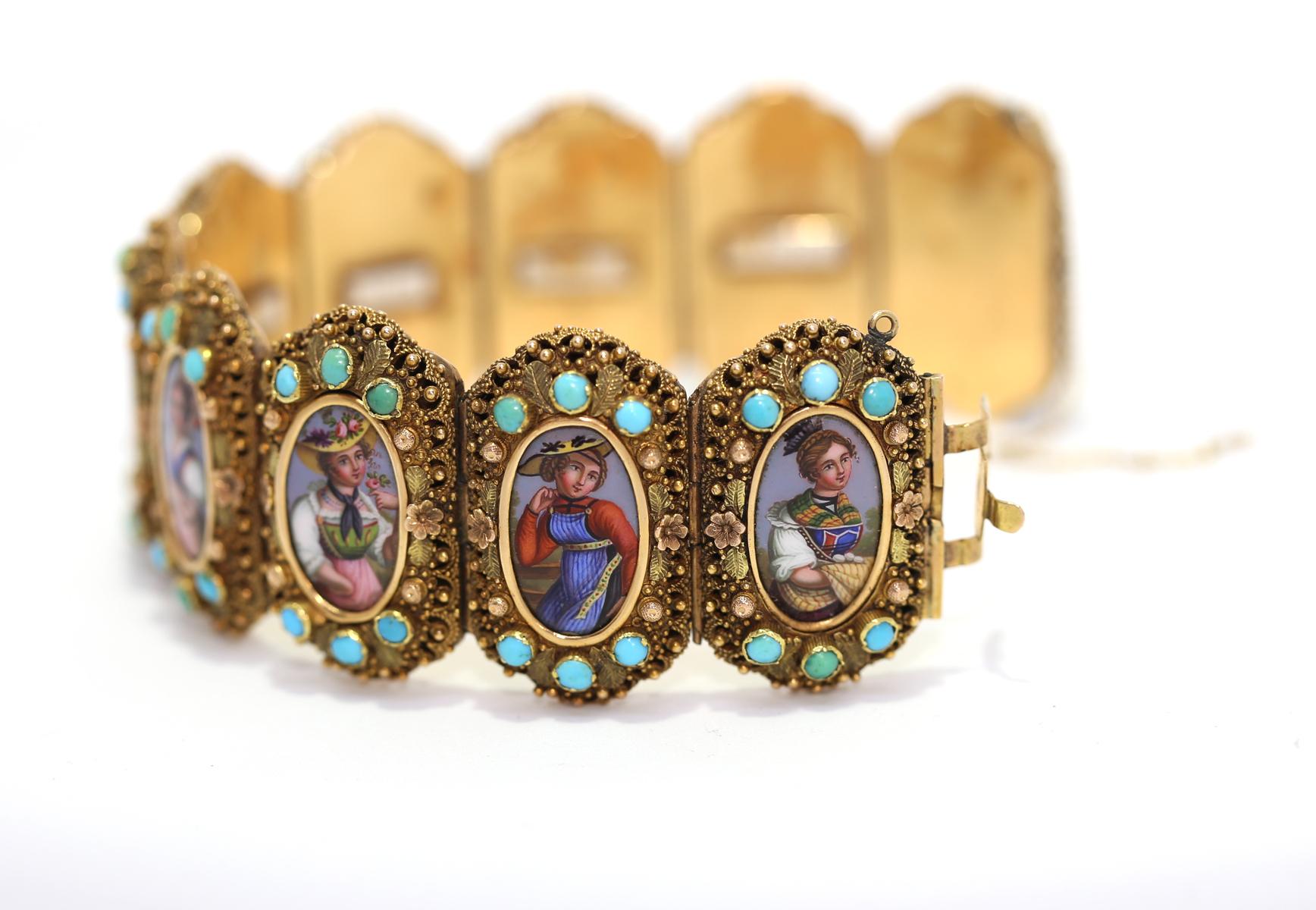  Locket Gold Bracelet Swiss Cantons Hand-Painted Ladies Turquoise, 1860 In Fair Condition In Herzelia, Tel Aviv