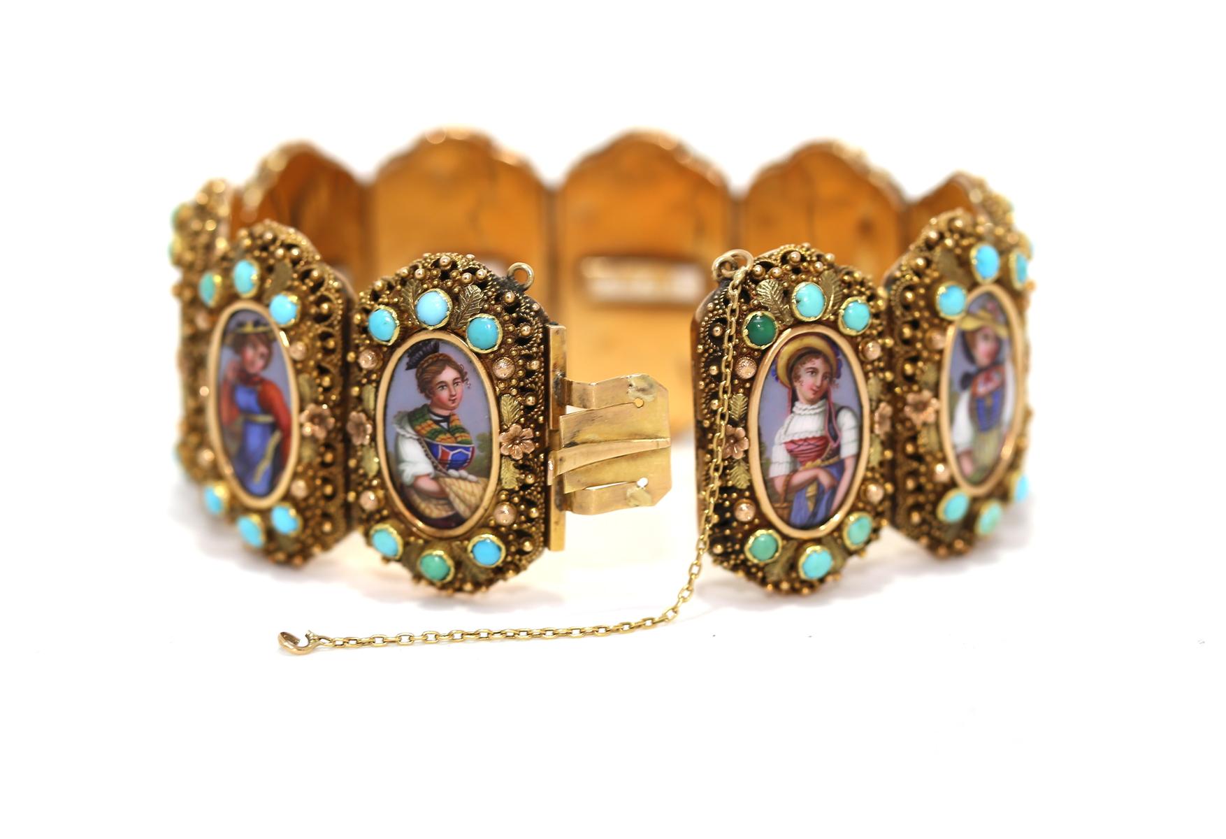  Locket Gold Bracelet Swiss Cantons Hand-Painted Ladies Turquoise, 1860 3