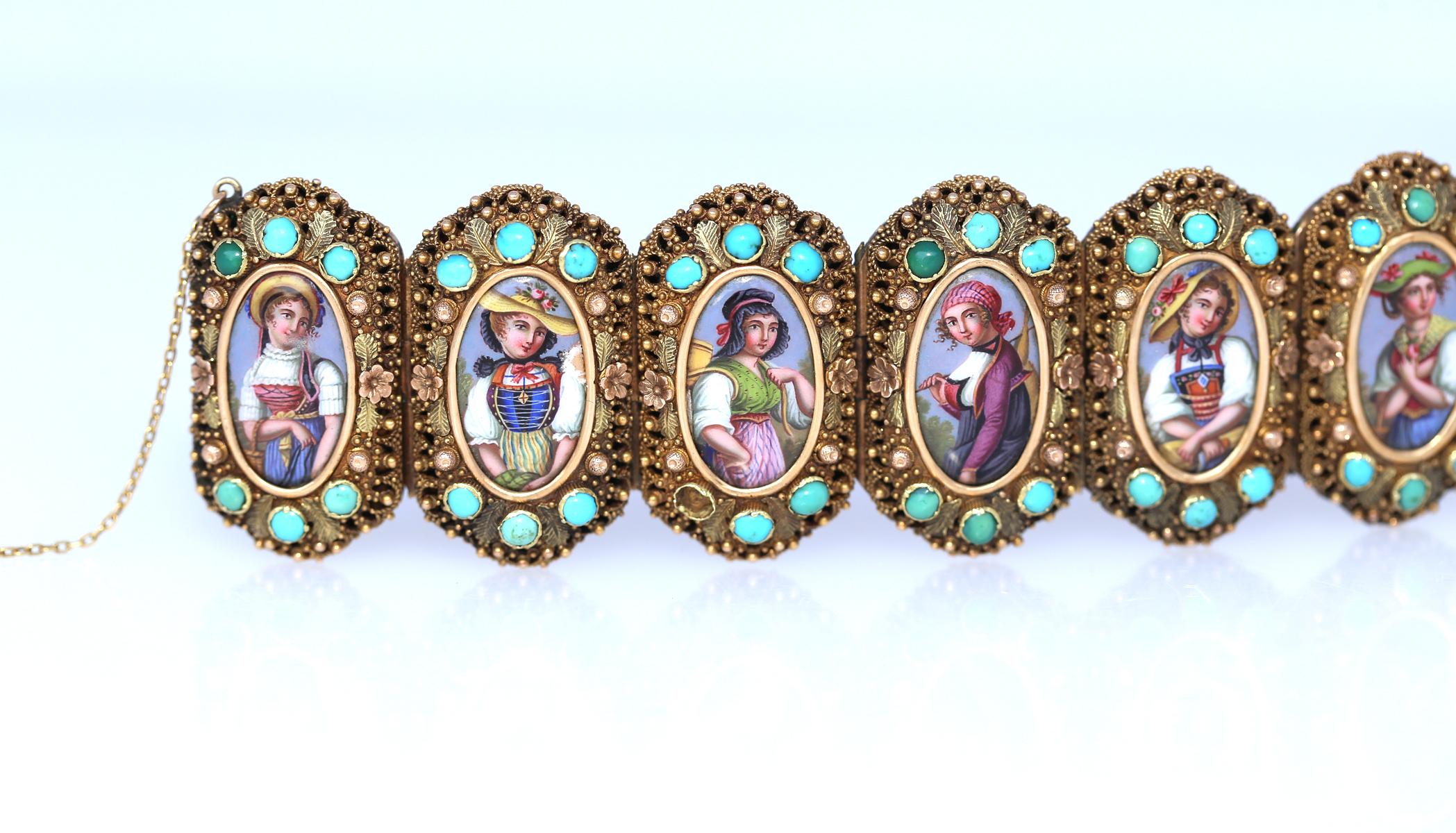  Locket Gold Bracelet Swiss Cantons Hand-Painted Ladies Turquoise, 1860 4