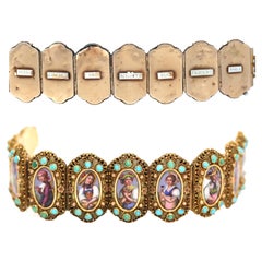 Swiss Cantons Hand-Painted Ladies Turquoise Locket Gold Bracelet, 1860