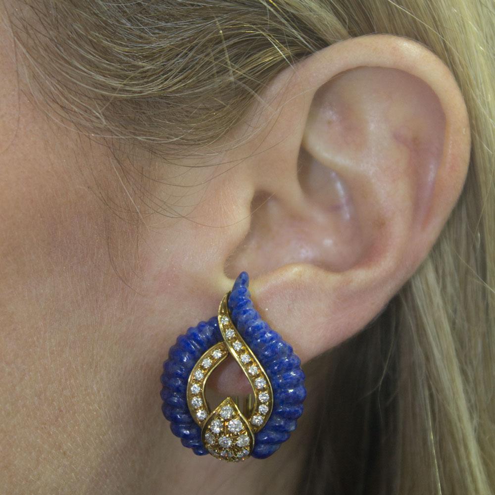 Women's Swiss Carved Lapis Lazuli Diamond 18 Karat Yellow Gold Clip Earrings