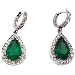 Swiss Certified 5.16 Pear Colombian Green Emeralds White Gold Diamonds Earrings