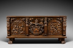 Swiss Chest richly carved, Riedmatten family, framed by two Holy conversations