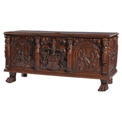 Antique Swiss Chest richly carved, Riedmatten family, framed by two Holy conversations