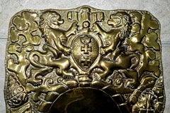Swiss Coat of Arms Lion Heraldry Repoussé Brass Candle Sconces, Pair
