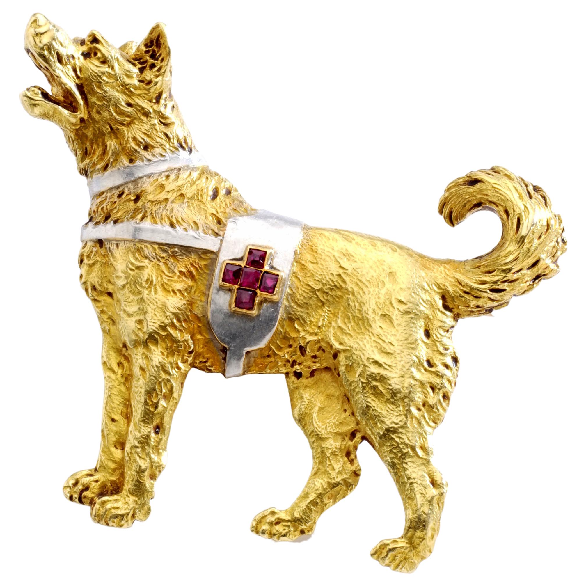 Swiss Cross Rescue Dog Ruby Gold and Platinum Brooch