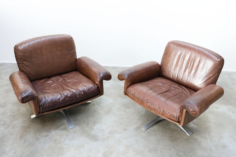 Swiss De Sede DS 31 Set Three-Seat Sofa and 2 Swivel Lounge Chairs, 1970s Brown For Sale 10