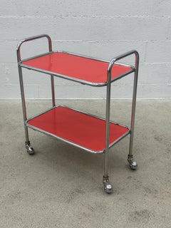 Swiss Design tubular Bar Cart with red formica trays 1950 style Marcel Breuer