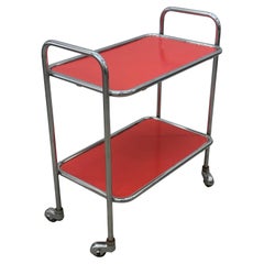 Chariot de bar tubulaire Design/One avec plateaux en formica rouge style 1950 Marcel Breuer