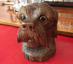 Swiss Dog Head Inkwell Carved Walnut Black Forest Schnauzer 1880 circa