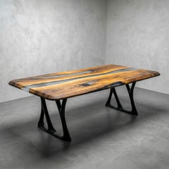 Swiss Edge Walnut Smoky Epoxy River Dining Table, Custom Made Table