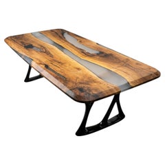 Swiss Edge Walnut Smoky Epoxy River Dining Table, Custom Made Table