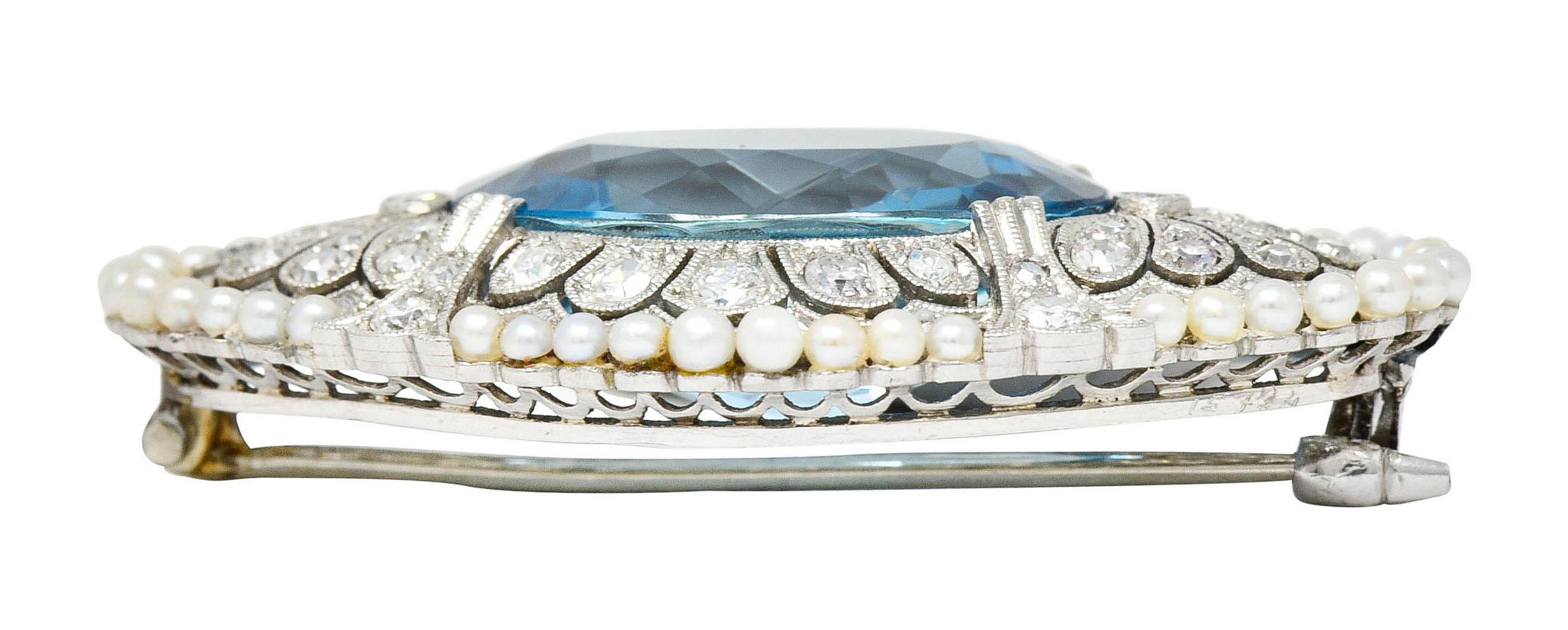 Women's or Men's Swiss Edwardian 15.55 Carats Aquamarine Diamond Pearl Platinum Brooch